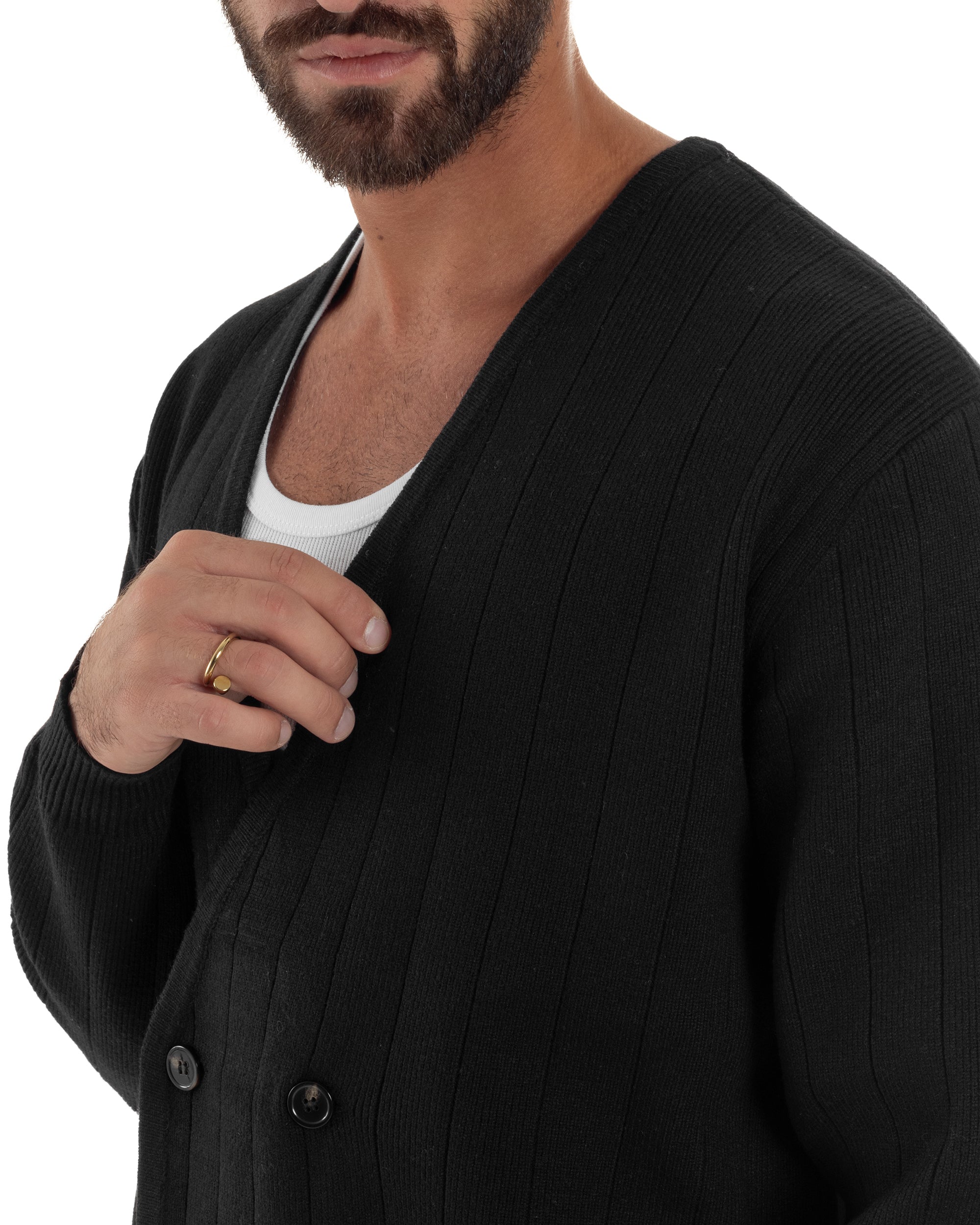 Cardigan Uomo Crop Doppiopetto Lana Tinta Unita Nero M3048A