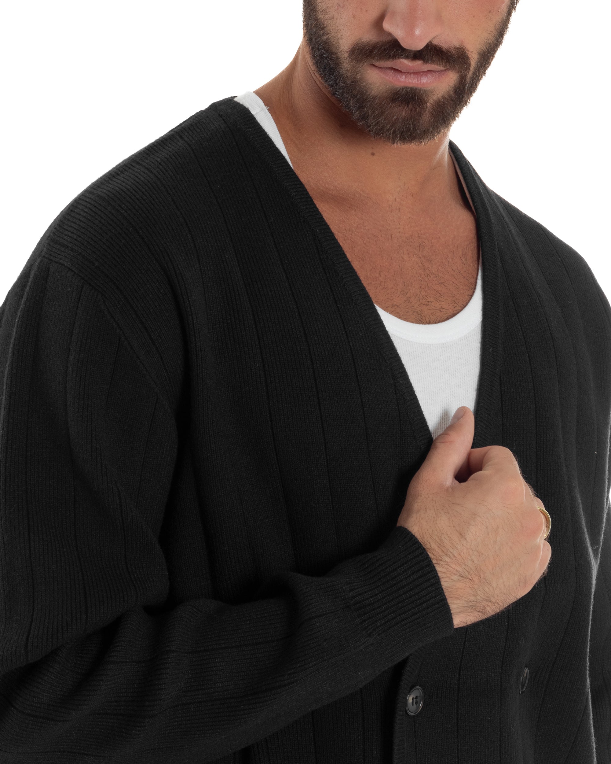 Cardigan Uomo Crop Doppiopetto Lana Tinta Unita Nero M3048A