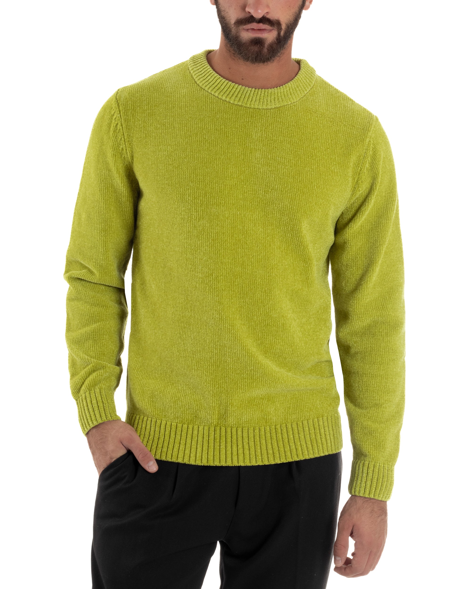 Maglioncino Uomo Ciniglia Regular Fit Maglia Basic Verde Acido M3049A
