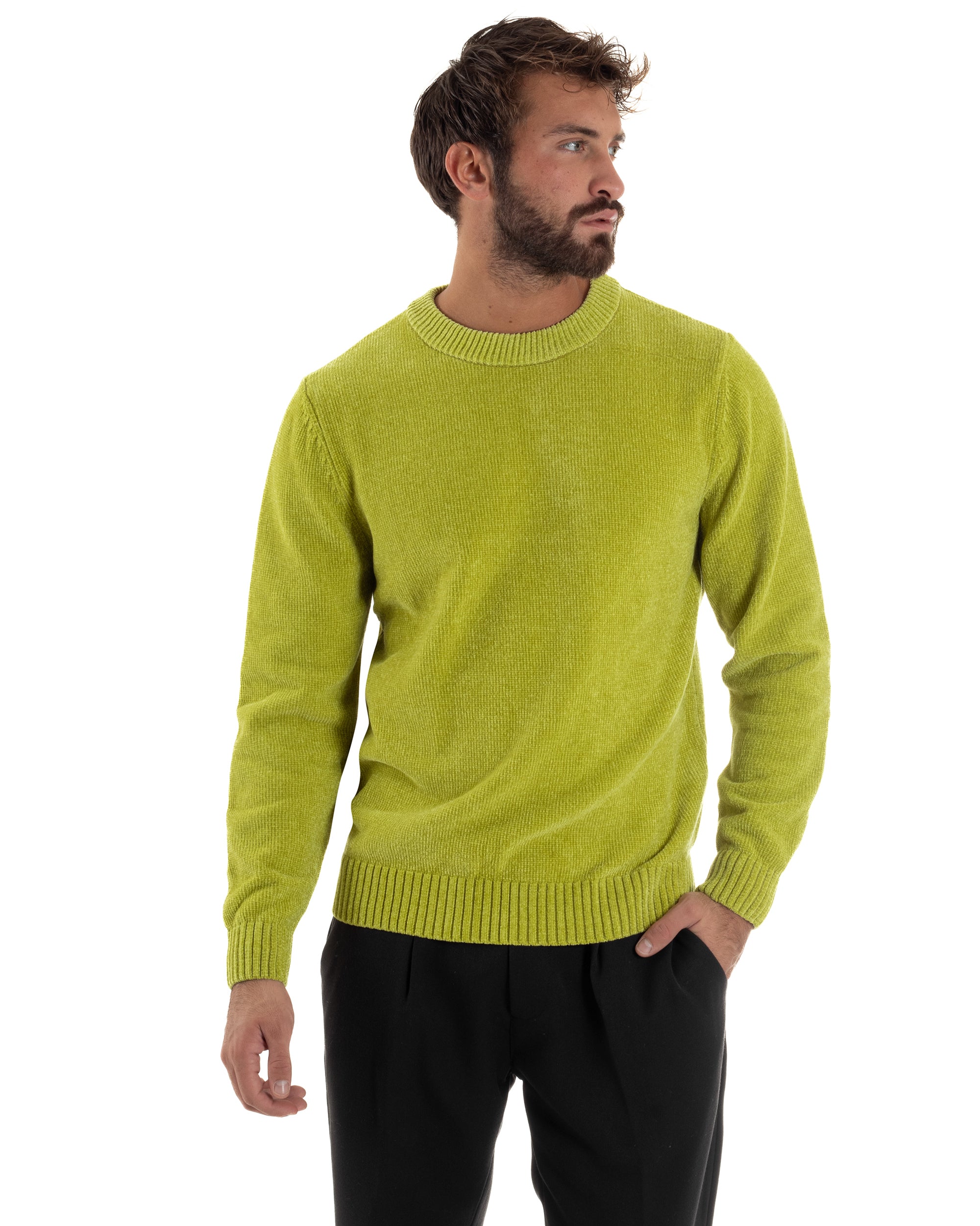 Maglioncino Uomo Ciniglia Regular Fit Maglia Basic Verde Acido M3049A