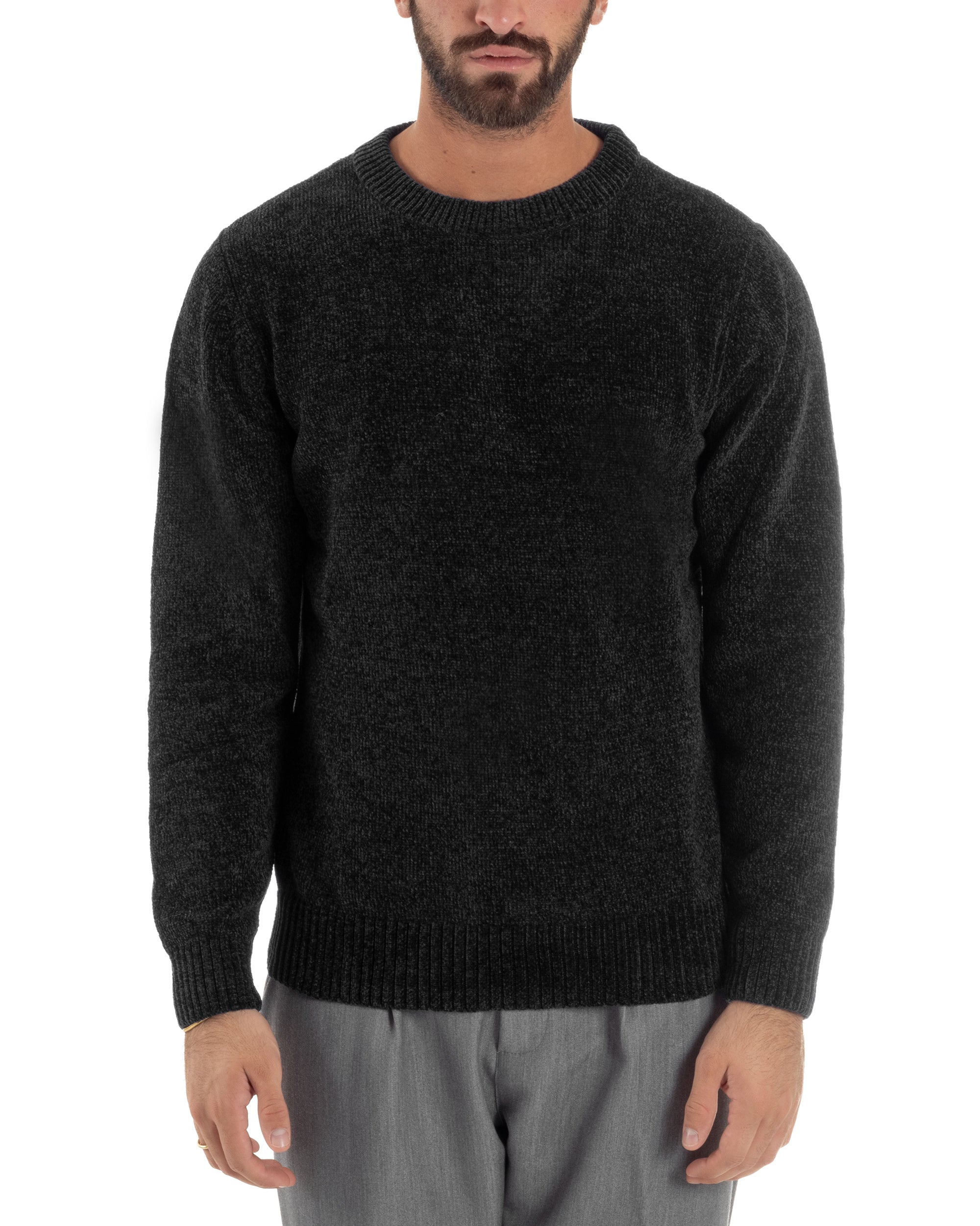 Maglioncino Uomo Ciniglia Regular Fit Maglia Basic Nero M3054A