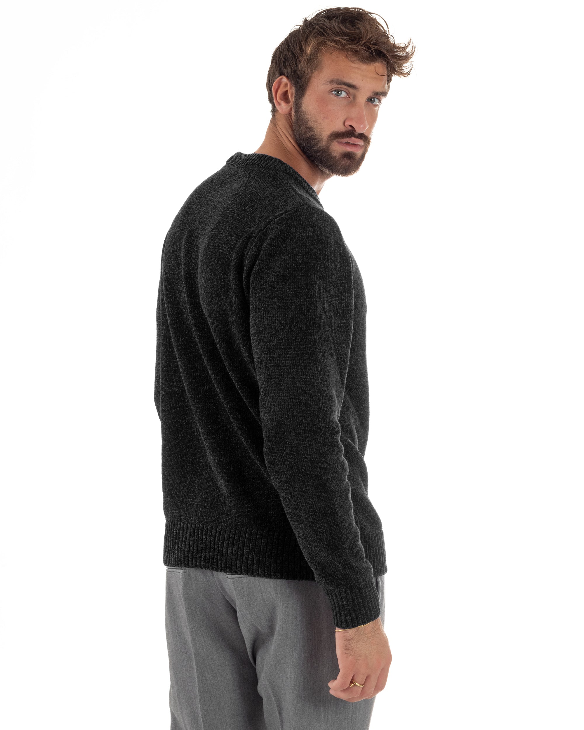 Maglioncino Uomo Ciniglia Regular Fit Maglia Basic Nero M3054A