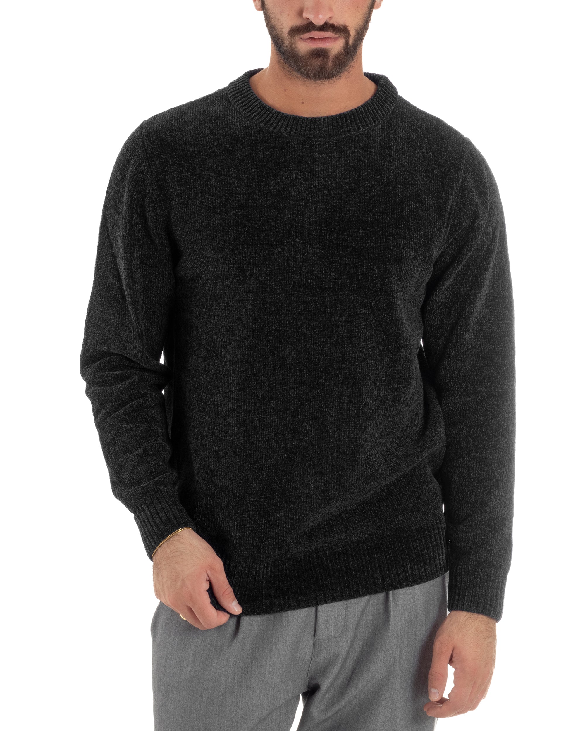 Maglioncino Uomo Ciniglia Regular Fit Maglia Basic Nero M3054A