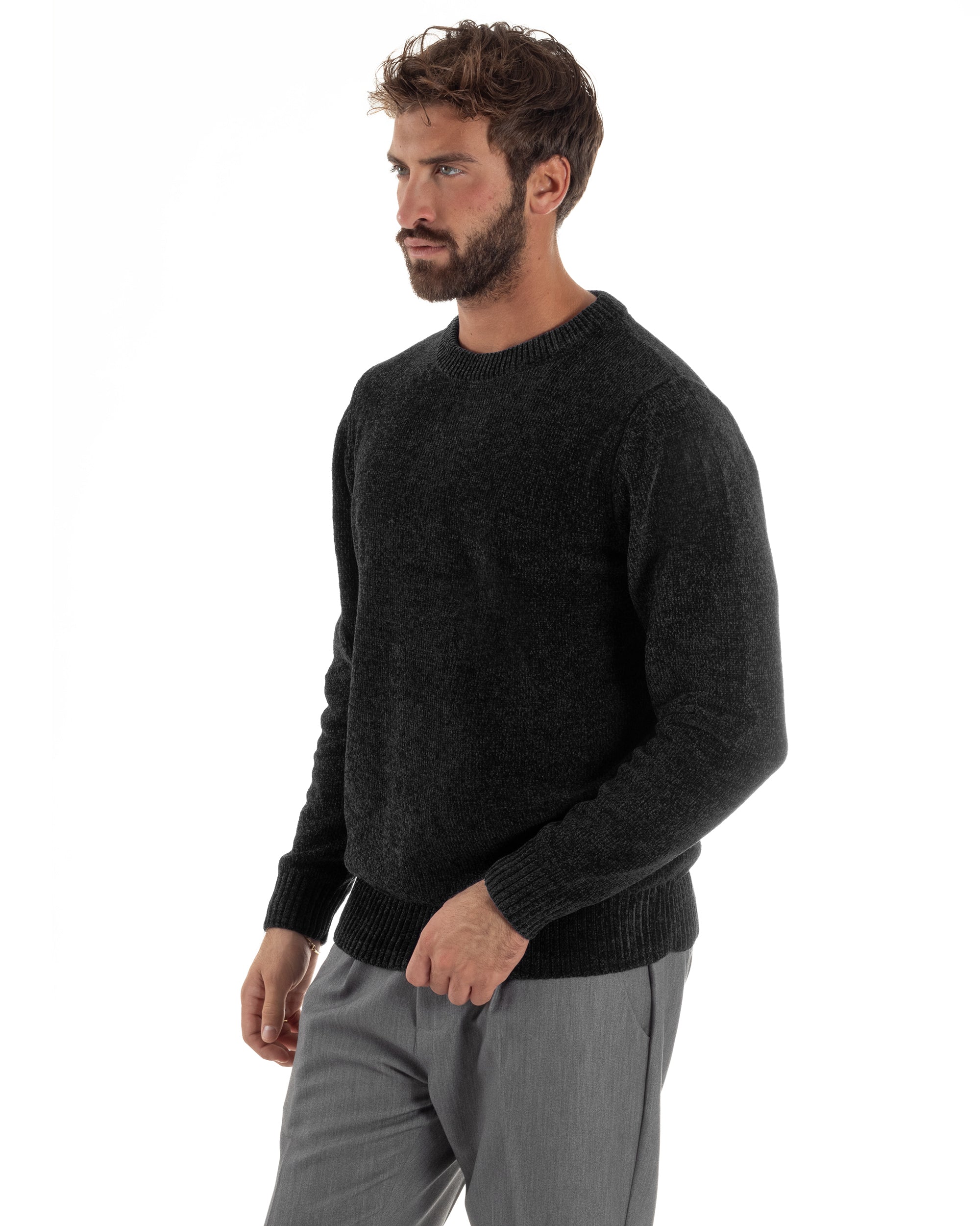 Maglioncino Uomo Ciniglia Regular Fit Maglia Basic Nero M3054A