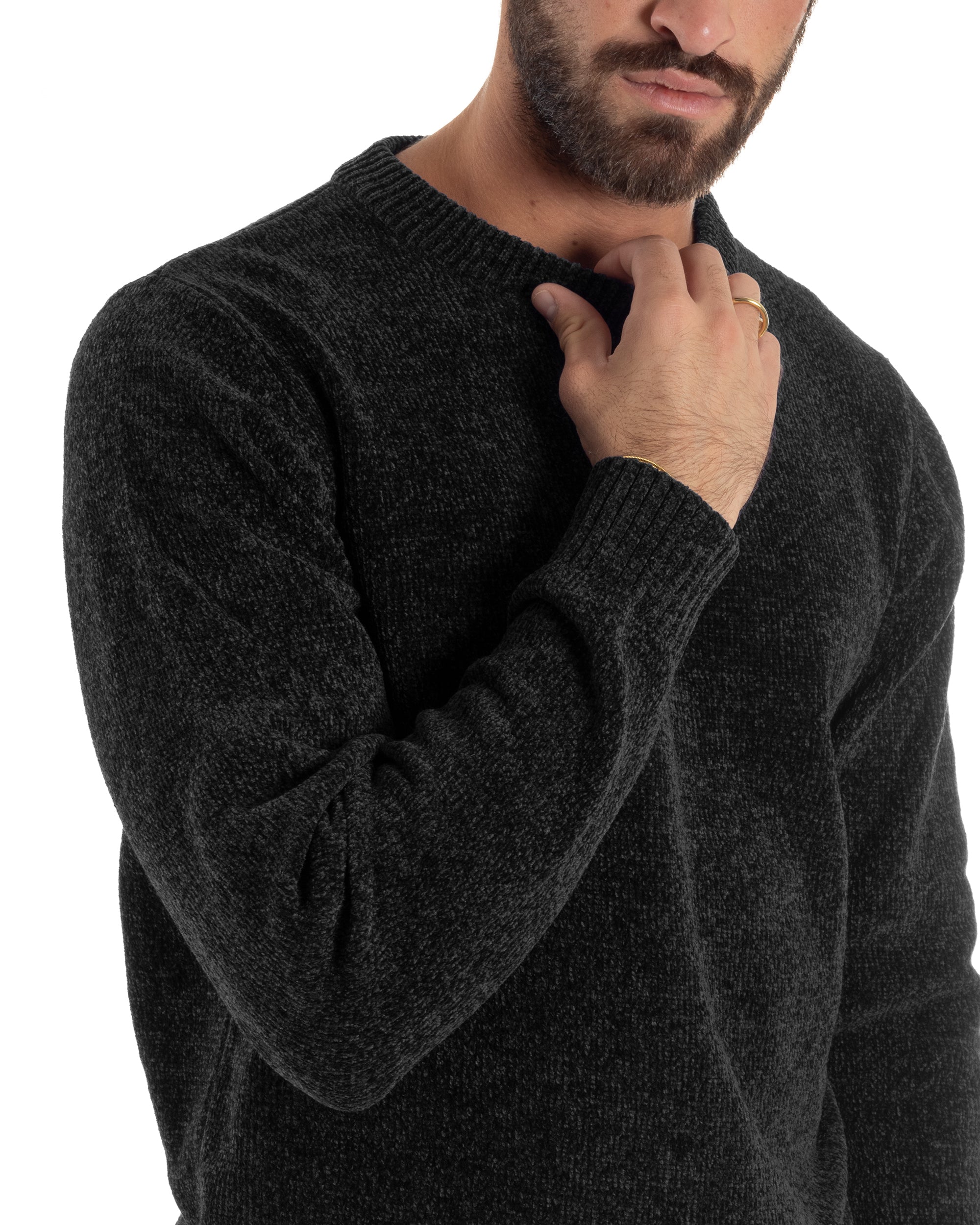 Maglioncino Uomo Ciniglia Regular Fit Maglia Basic Nero M3054A