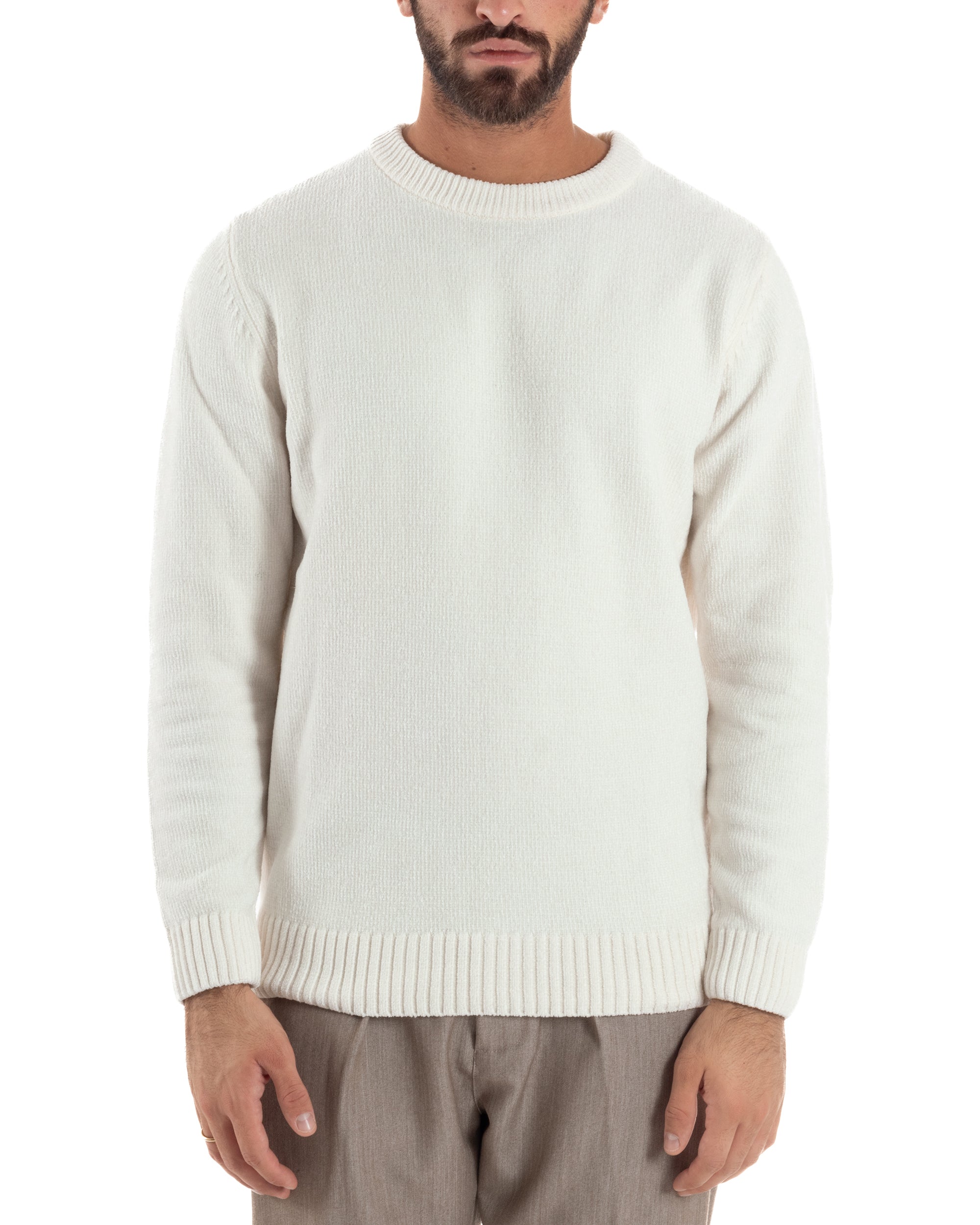 Maglioncino Uomo Ciniglia Regular Fit Maglia Basic Bianco M3059A