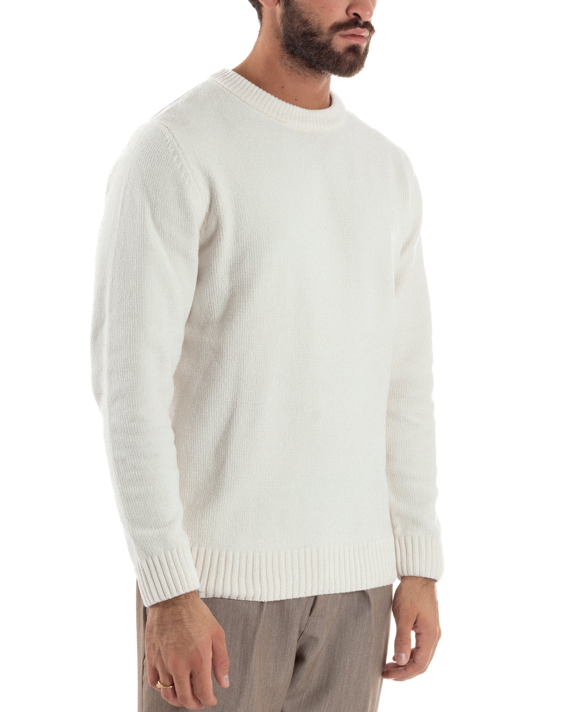 Maglioncino Uomo Ciniglia Regular Fit Maglia Basic Bianco M3059A