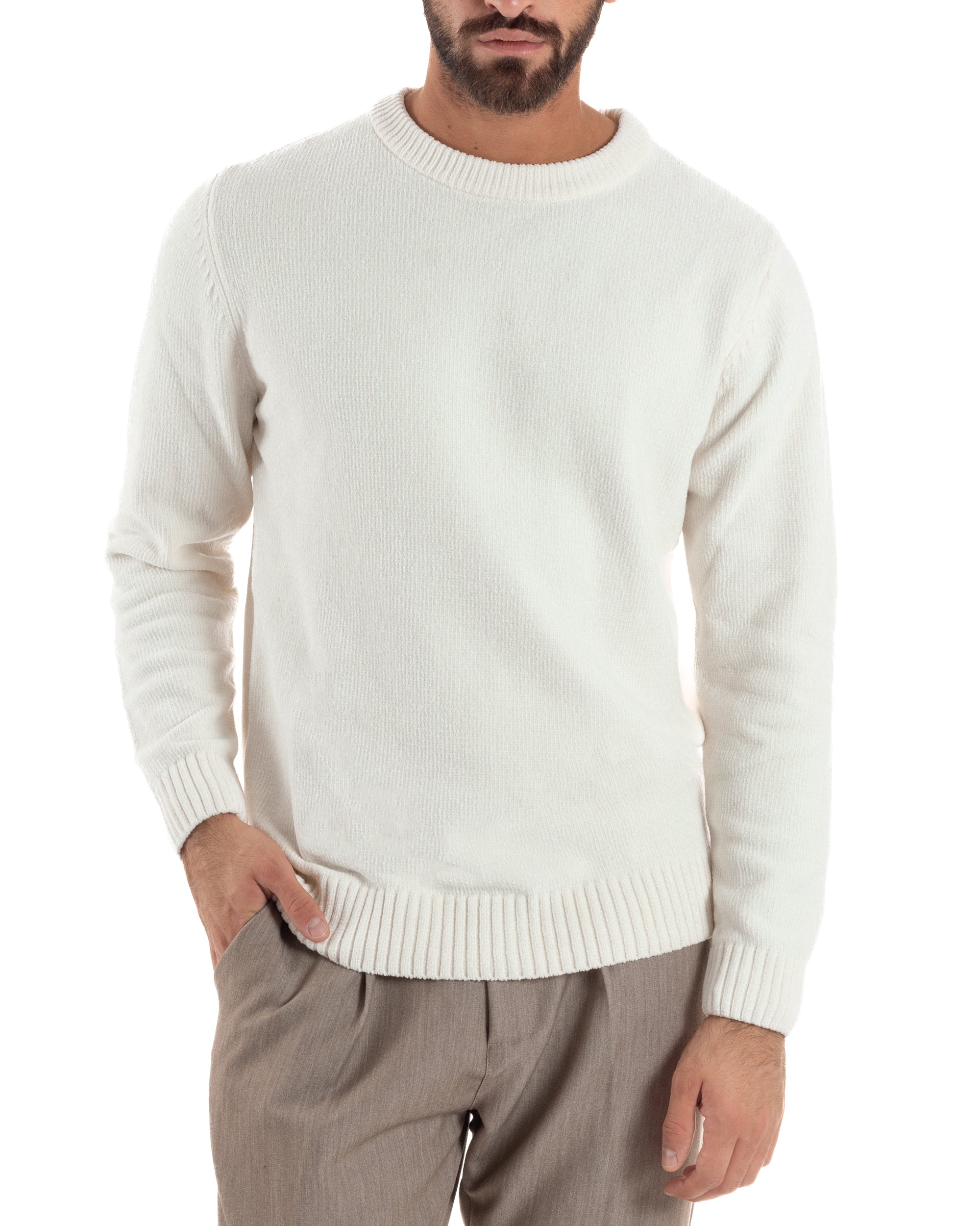 Maglioncino Uomo Ciniglia Regular Fit Maglia Basic Bianco M3059A