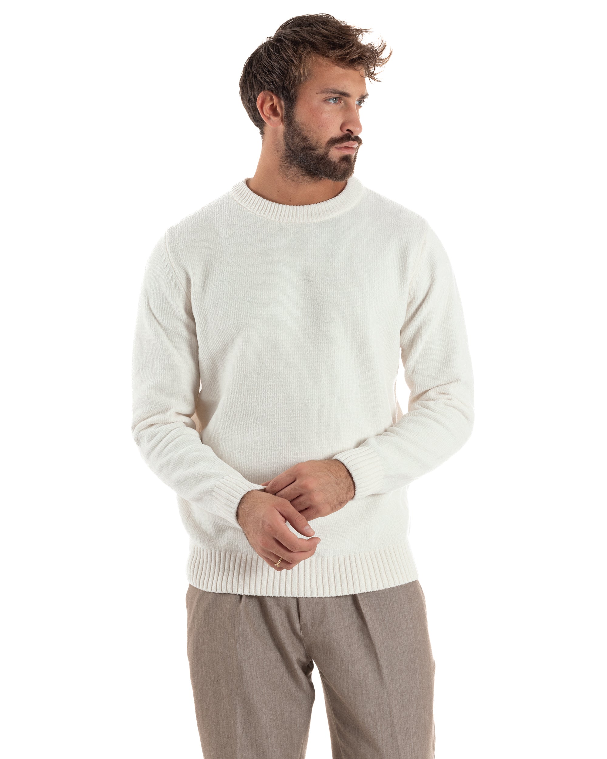 Maglioncino Uomo Ciniglia Regular Fit Maglia Basic Bianco M3059A