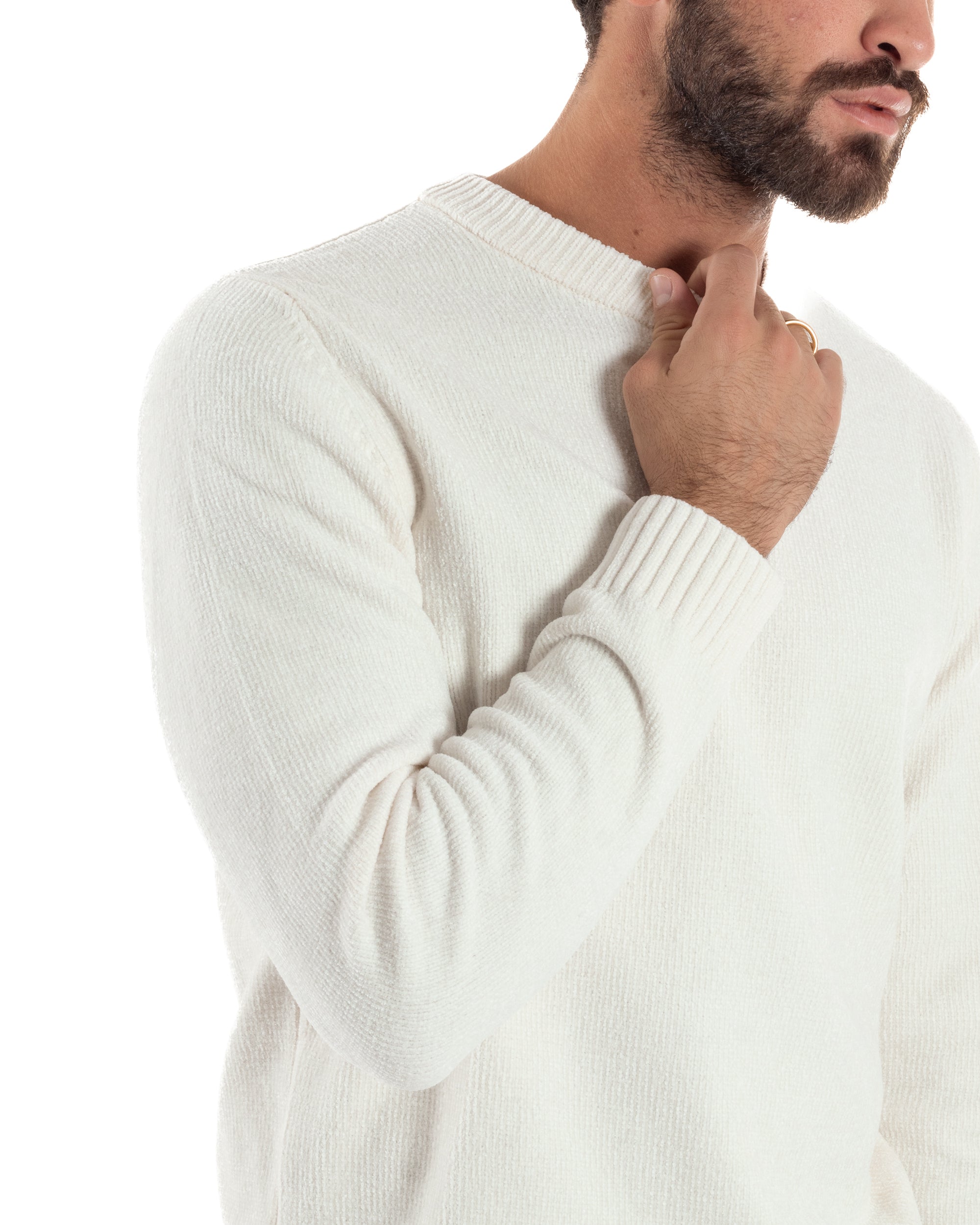 Maglioncino Uomo Ciniglia Regular Fit Maglia Basic Bianco M3059A