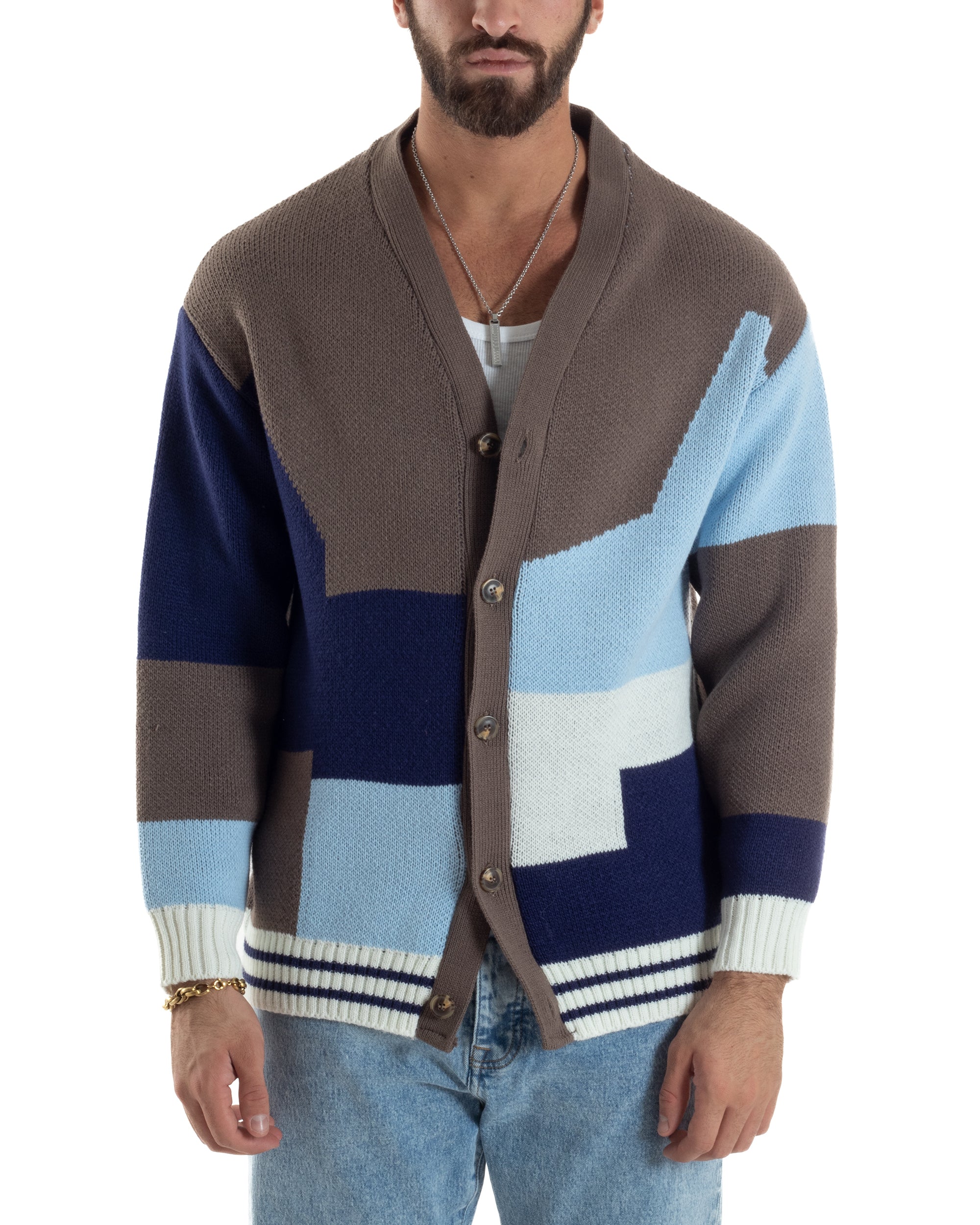 Cardigan Uomo Maniche Raglan Fantasia Multicolore BlackSunday Marrone M3060A