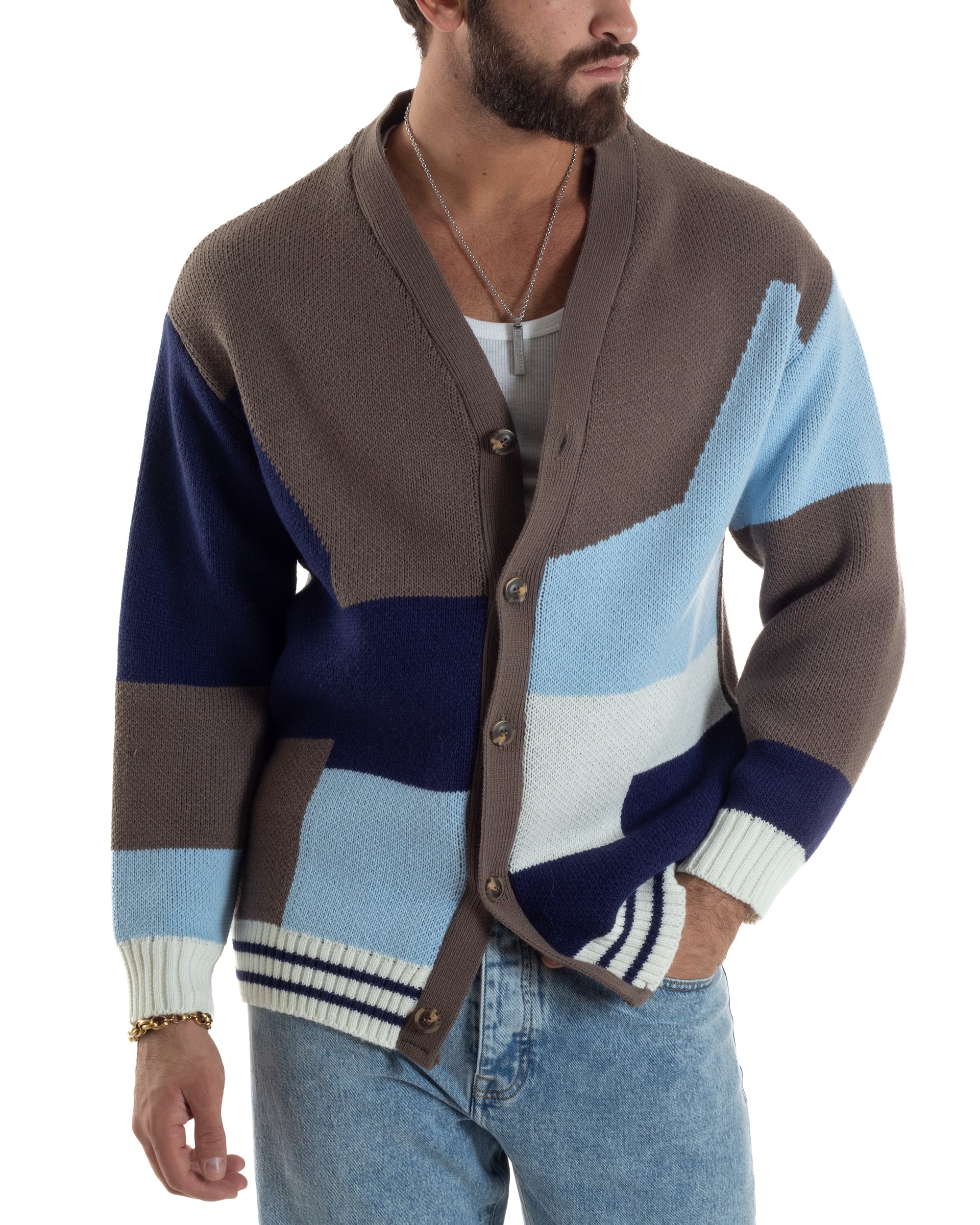 Cardigan Uomo Maniche Raglan Fantasia Multicolore BlackSunday Marrone M3060A