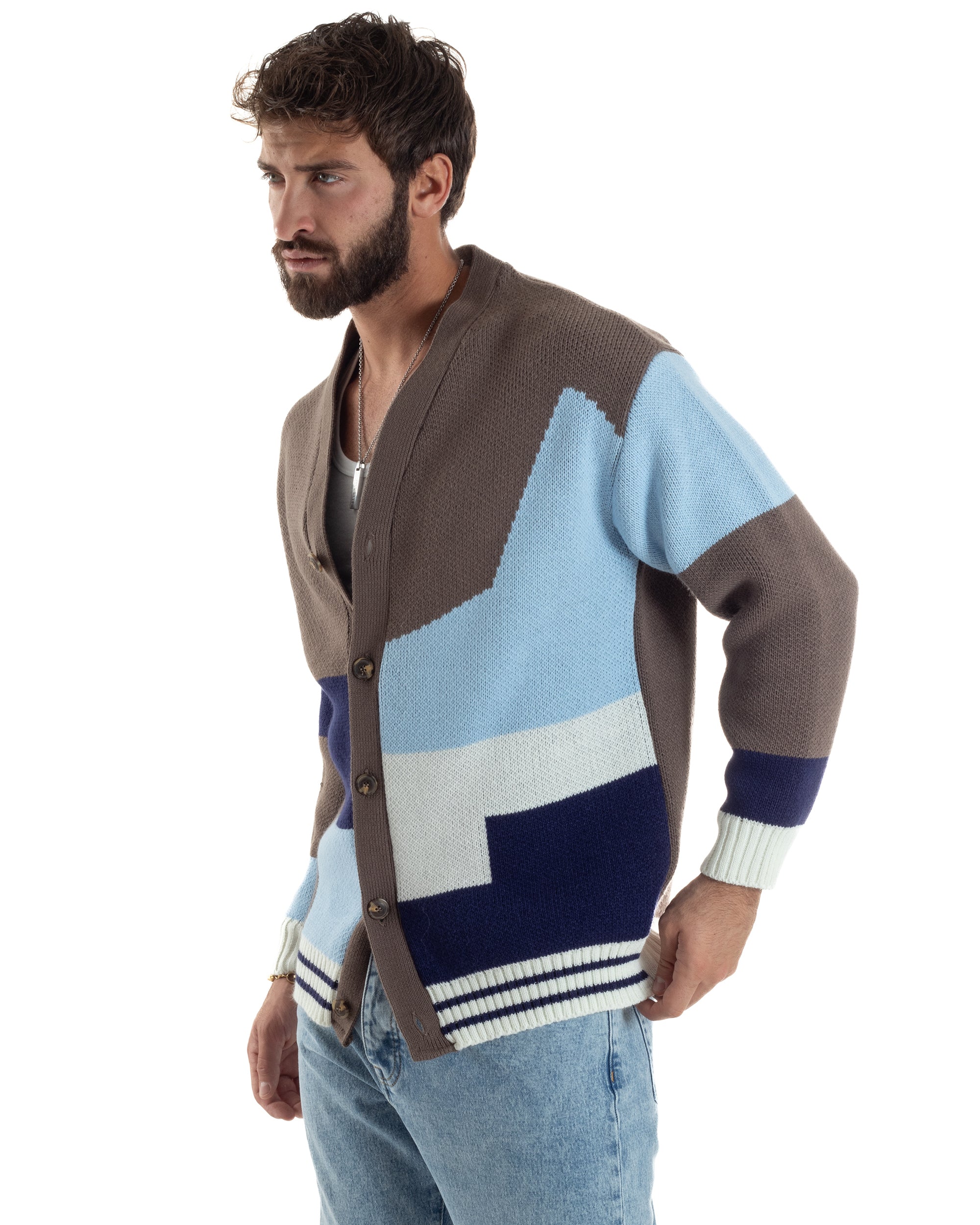 Cardigan Uomo Maniche Raglan Fantasia Multicolore BlackSunday Marrone M3060A