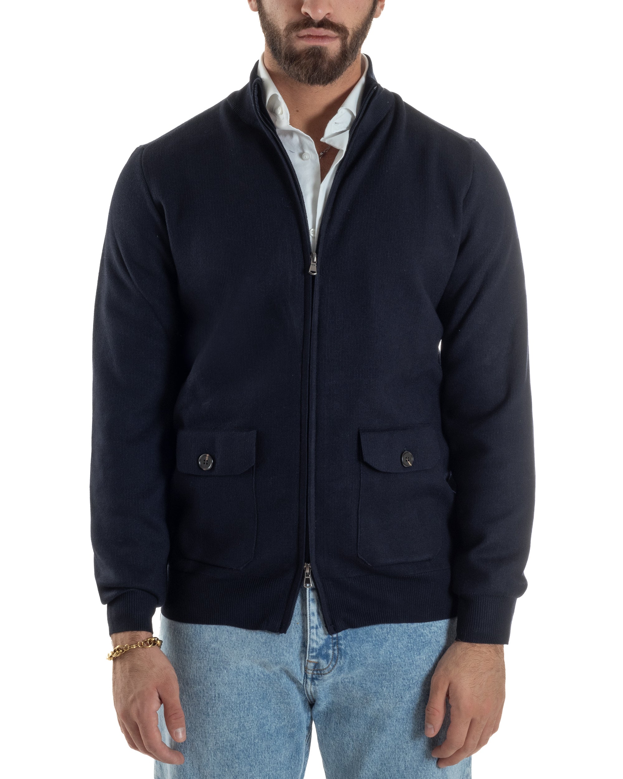 Cardigan Uomo Giacca Comoda Calda Maglioncino Con Collo Zip Blu M3061A