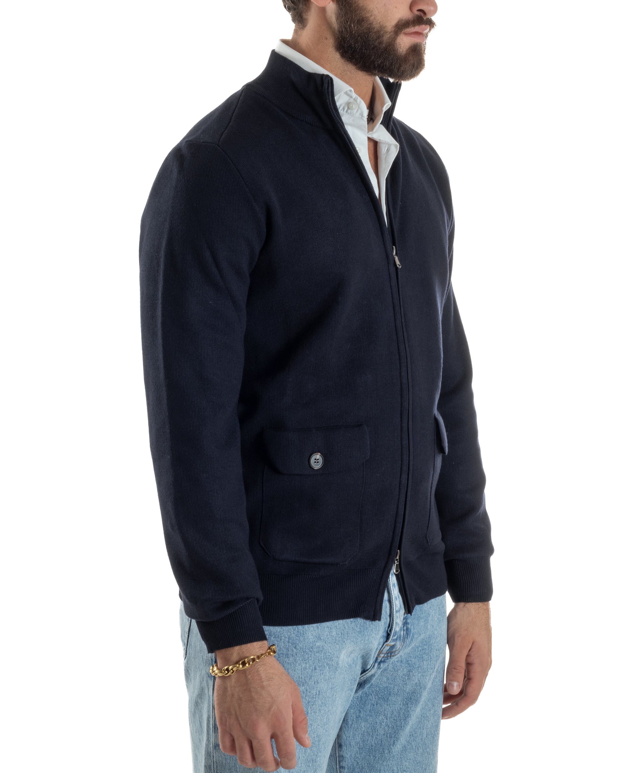 Cardigan Uomo Giacca Comoda Calda Maglioncino Con Collo Zip Blu M3061A