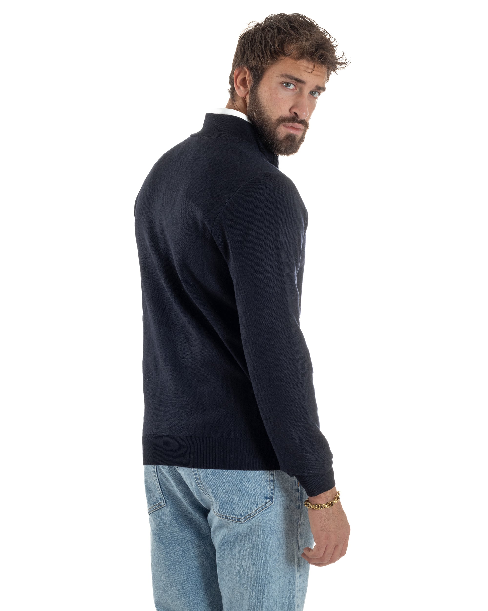 Cardigan Uomo Giacca Comoda Calda Maglioncino Con Collo Zip Blu M3061A