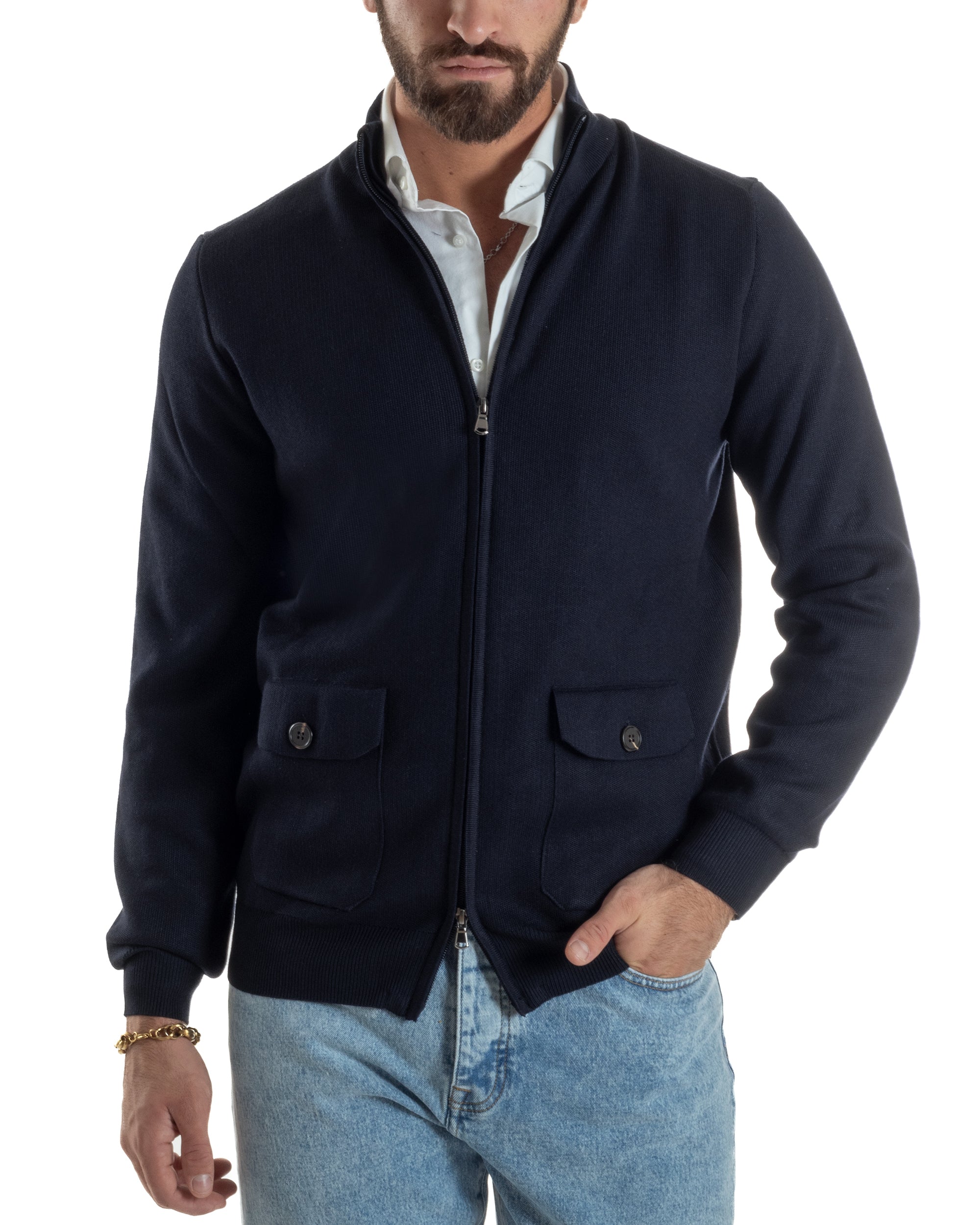Cardigan Uomo Giacca Comoda Calda Maglioncino Con Collo Zip Blu M3061A
