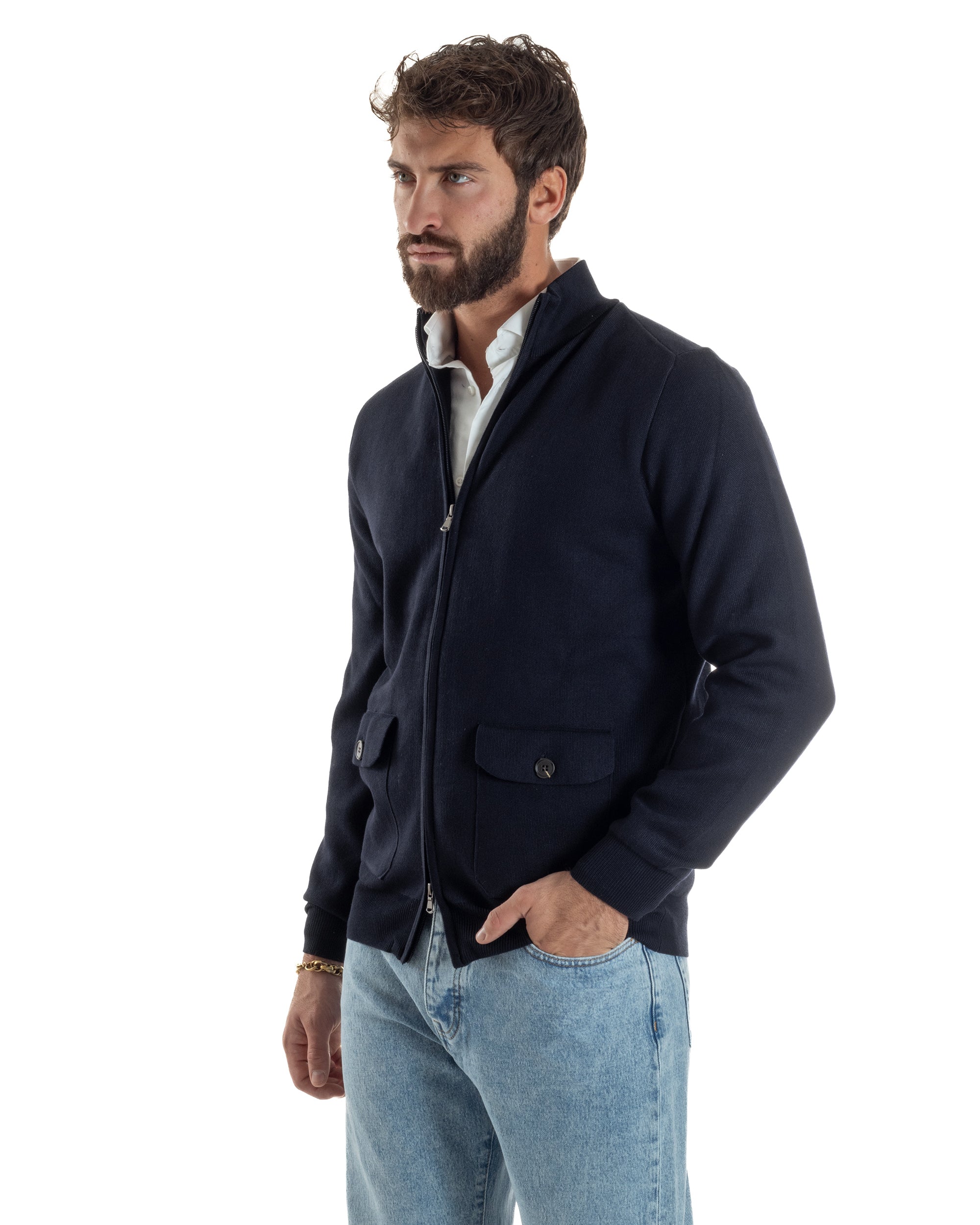 Cardigan Uomo Giacca Comoda Calda Maglioncino Con Collo Zip Blu M3061A