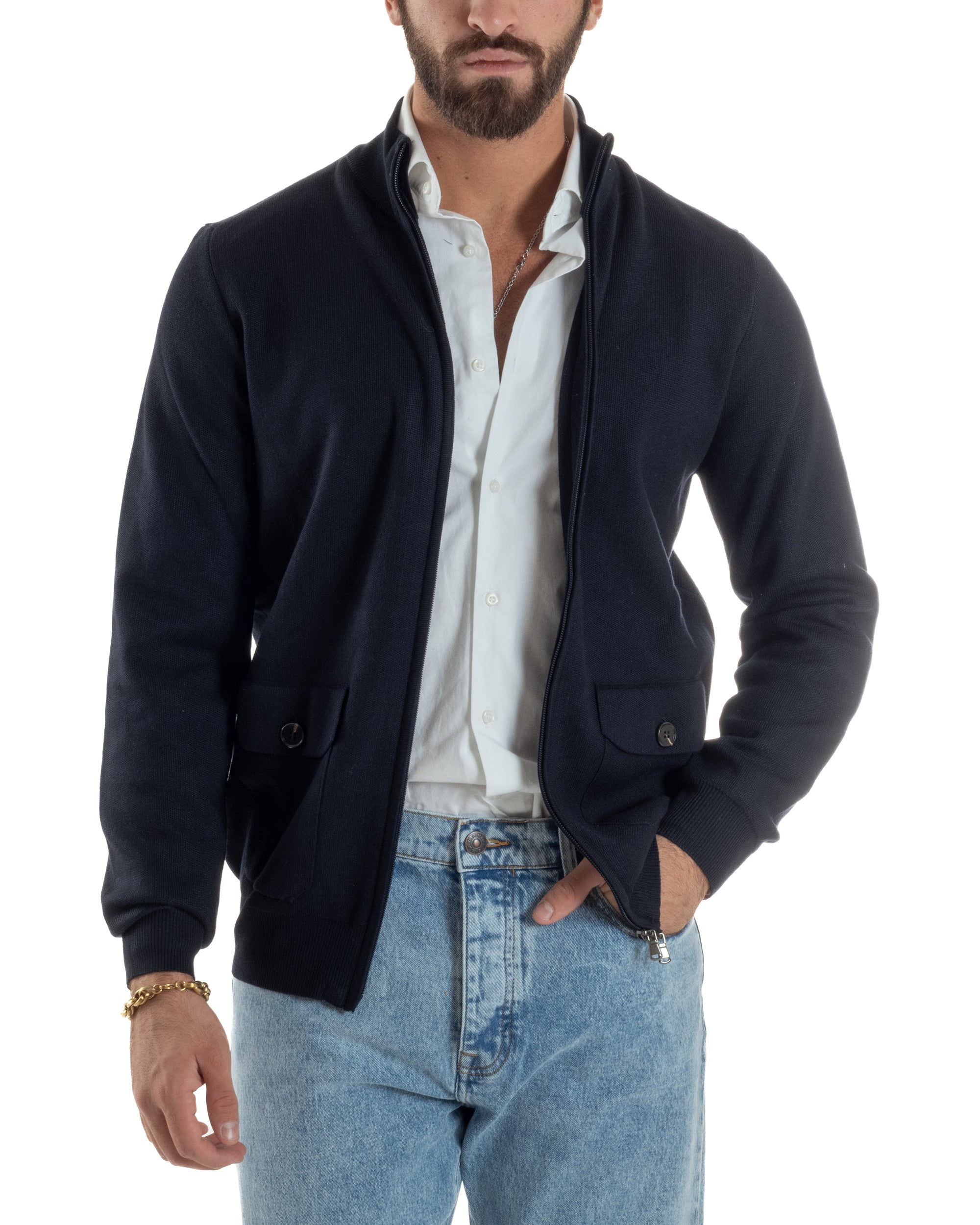 Cardigan Uomo Giacca Comoda Calda Maglioncino Con Collo Zip Blu M3061A