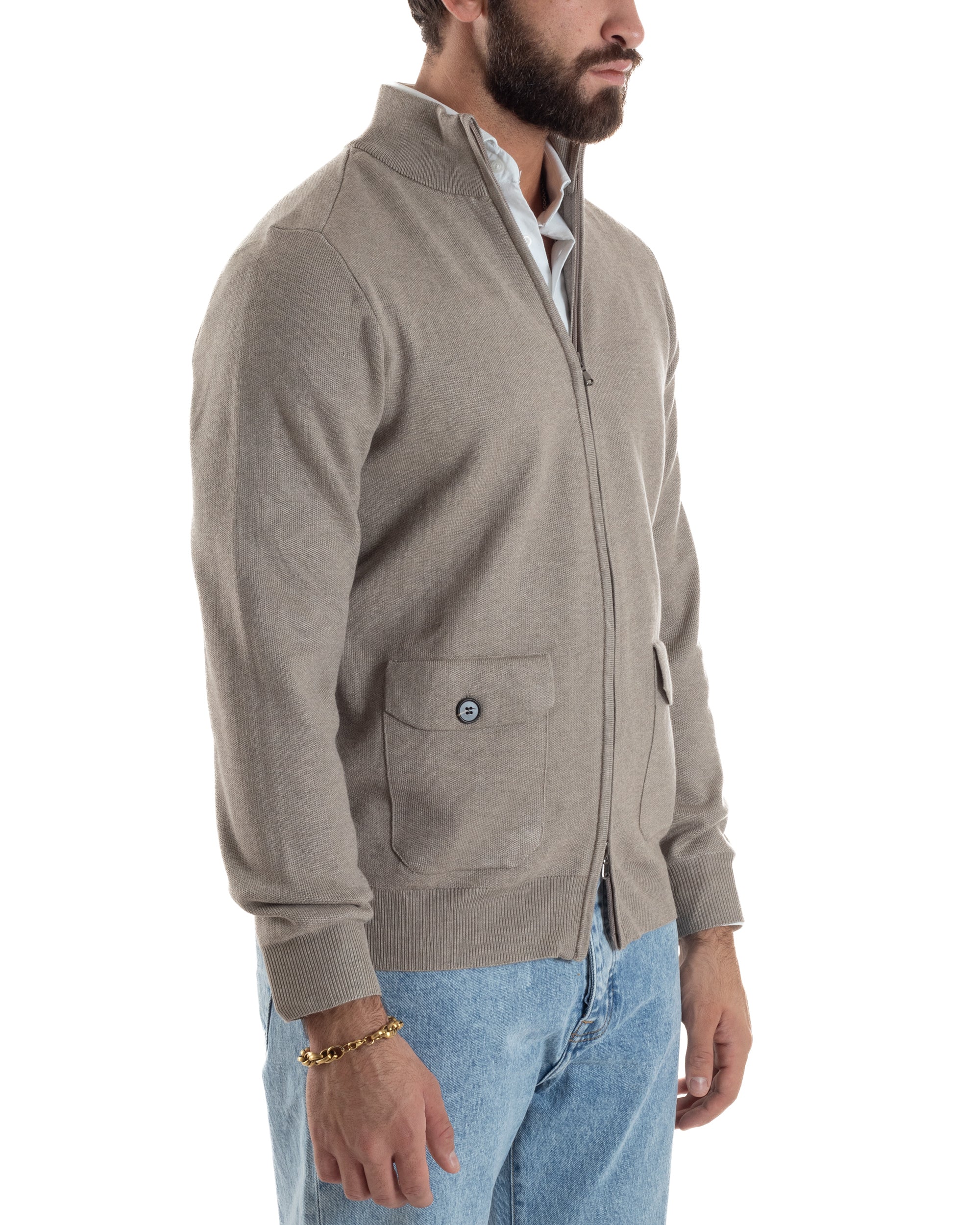 Cardigan Uomo Giacca Comoda Calda Maglioncino Con Collo Zip Beige M3062A