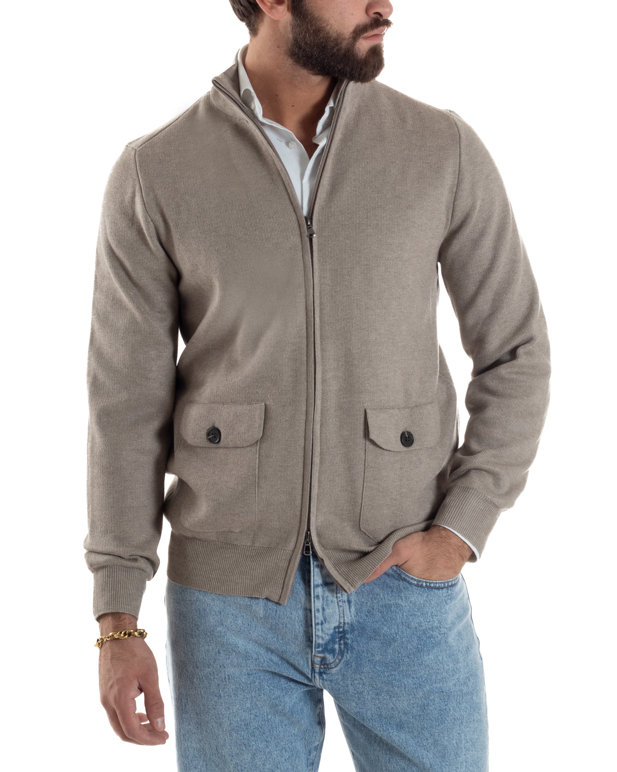 Cardigan Uomo Giacca Comoda Calda Maglioncino Con Collo Zip Beige M3062A