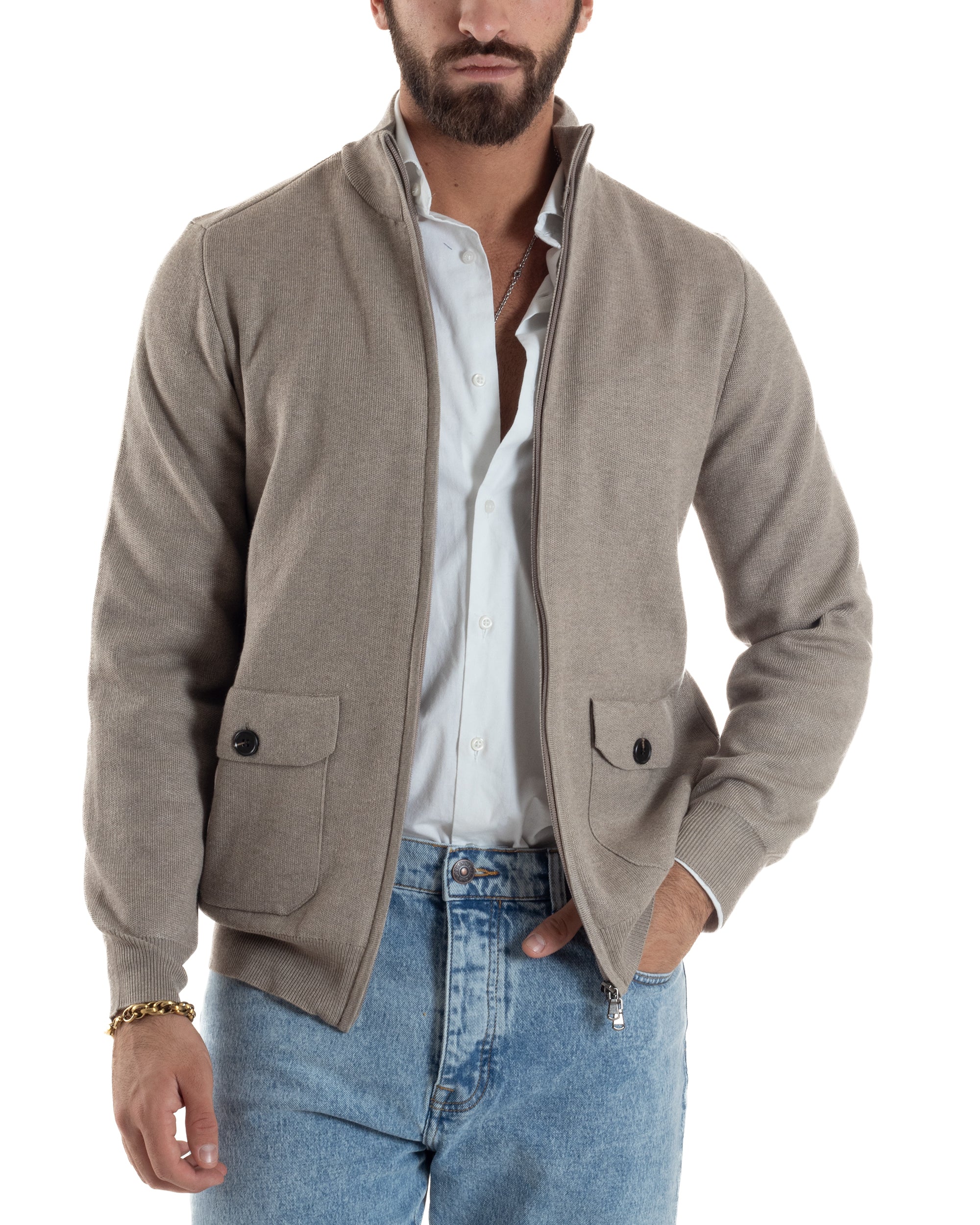 Cardigan Uomo Giacca Comoda Calda Maglioncino Con Collo Zip Beige M3062A