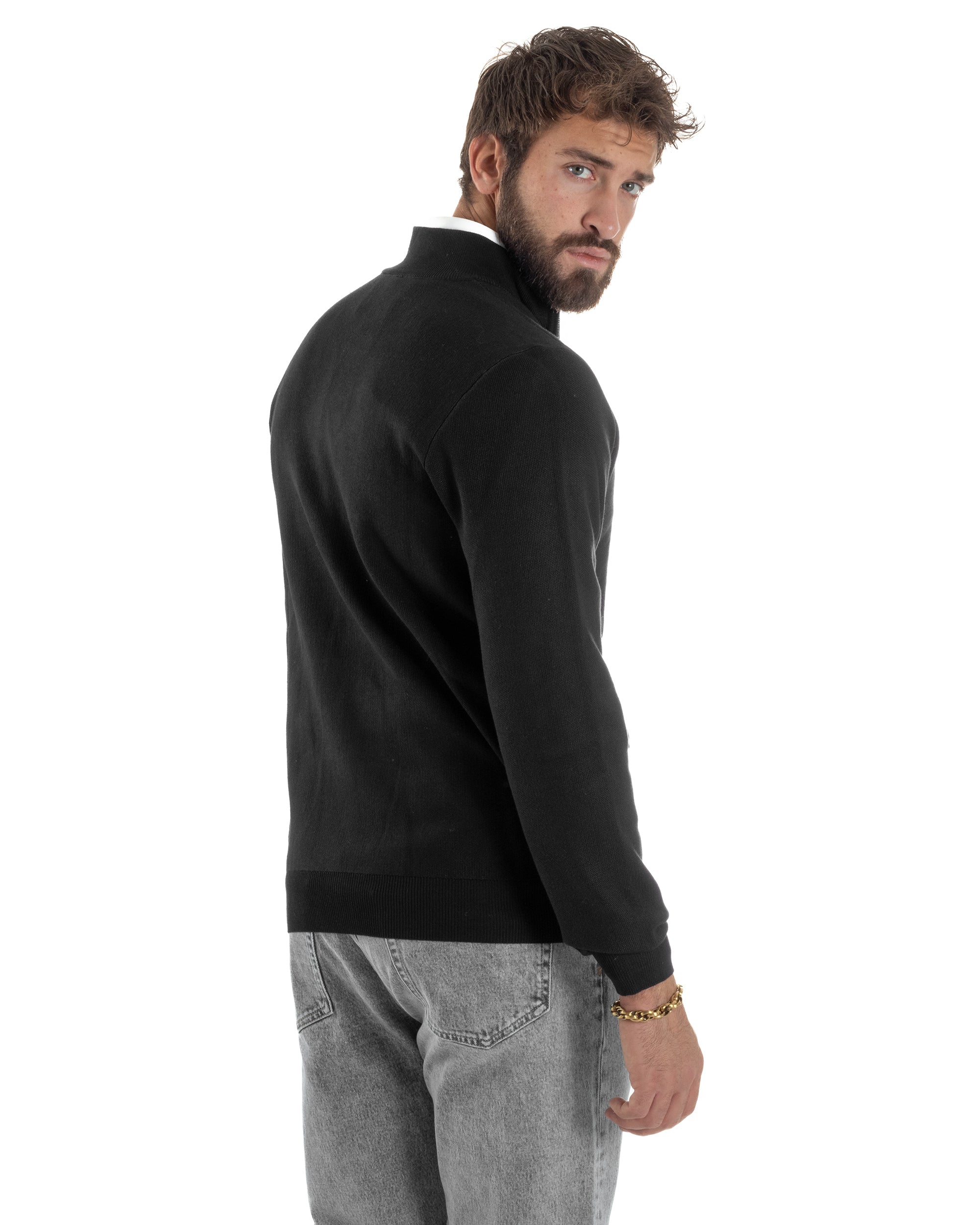Cardigan Uomo Giacca Comoda Calda Maglioncino Con Collo Zip Nero M3063A