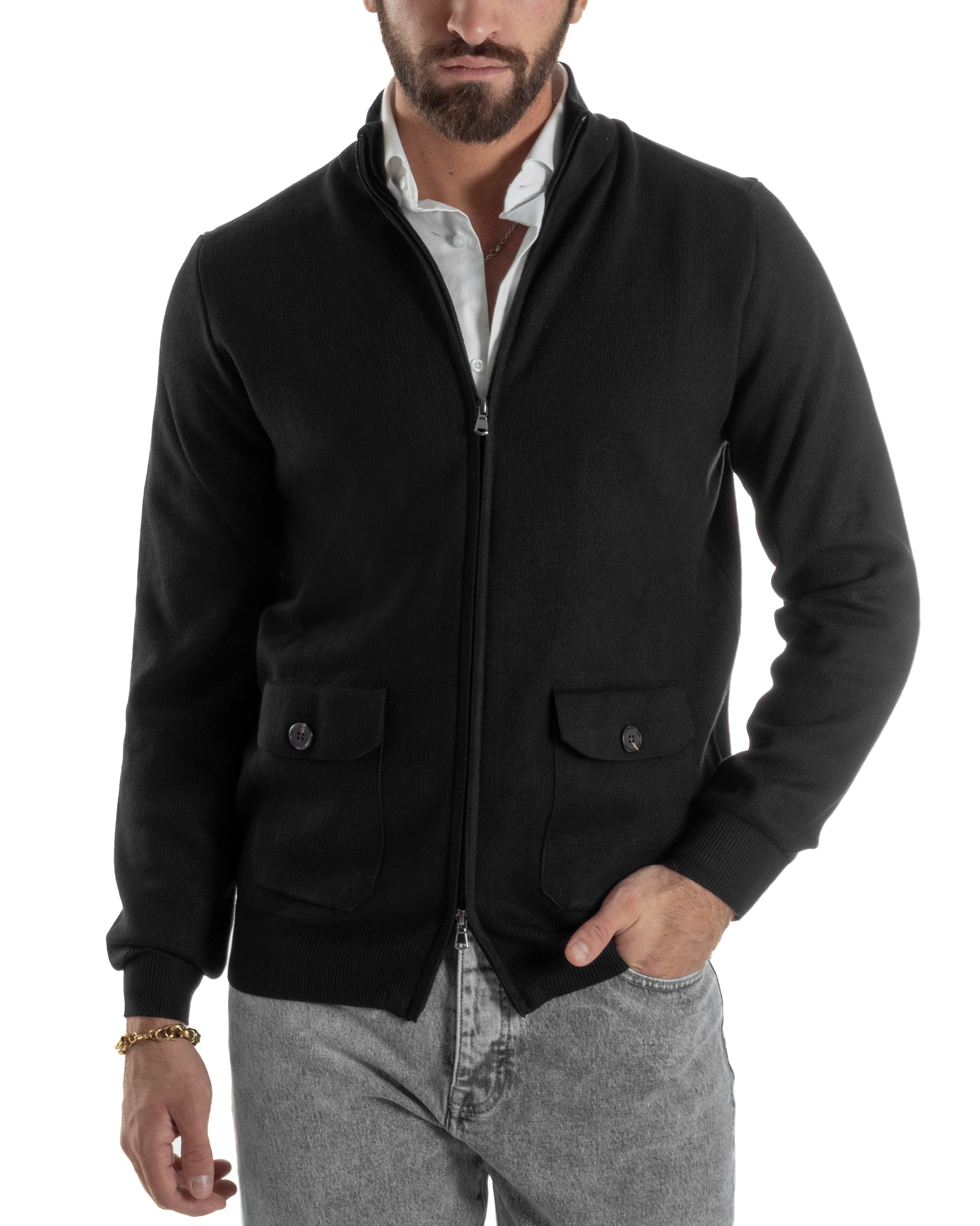 Cardigan Uomo Giacca Comoda Calda Maglioncino Con Collo Zip Nero M3063A
