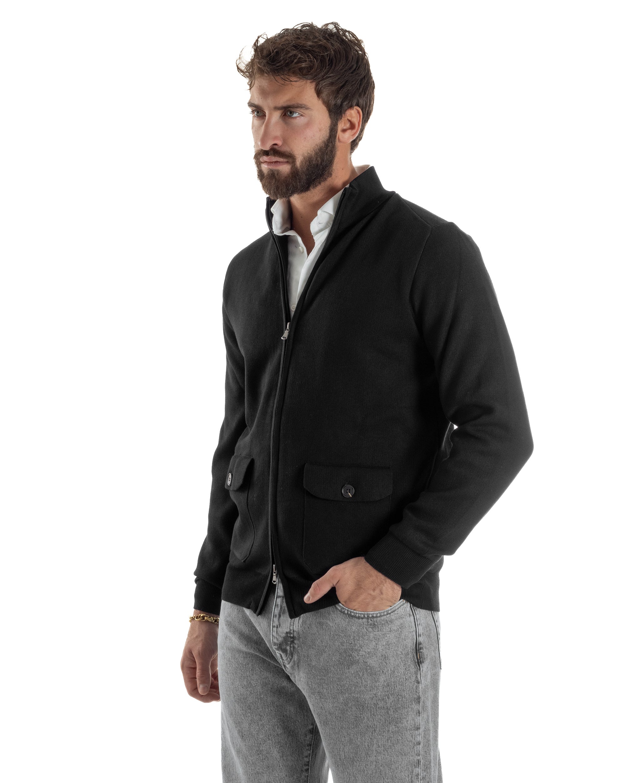 Cardigan Uomo Giacca Comoda Calda Maglioncino Con Collo Zip Nero M3063A