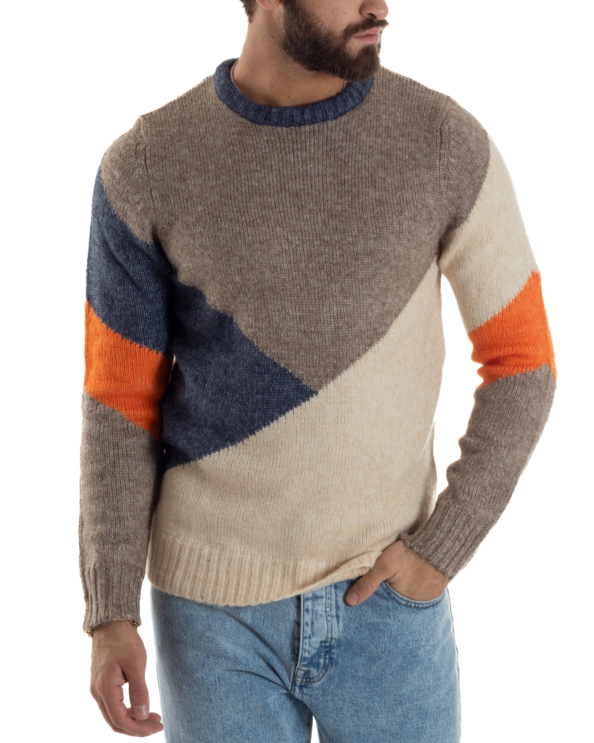 Maglioncino Uomo Maglia Girocollo Fantasia Multicolore Beige Over-D OE1F2W5M39