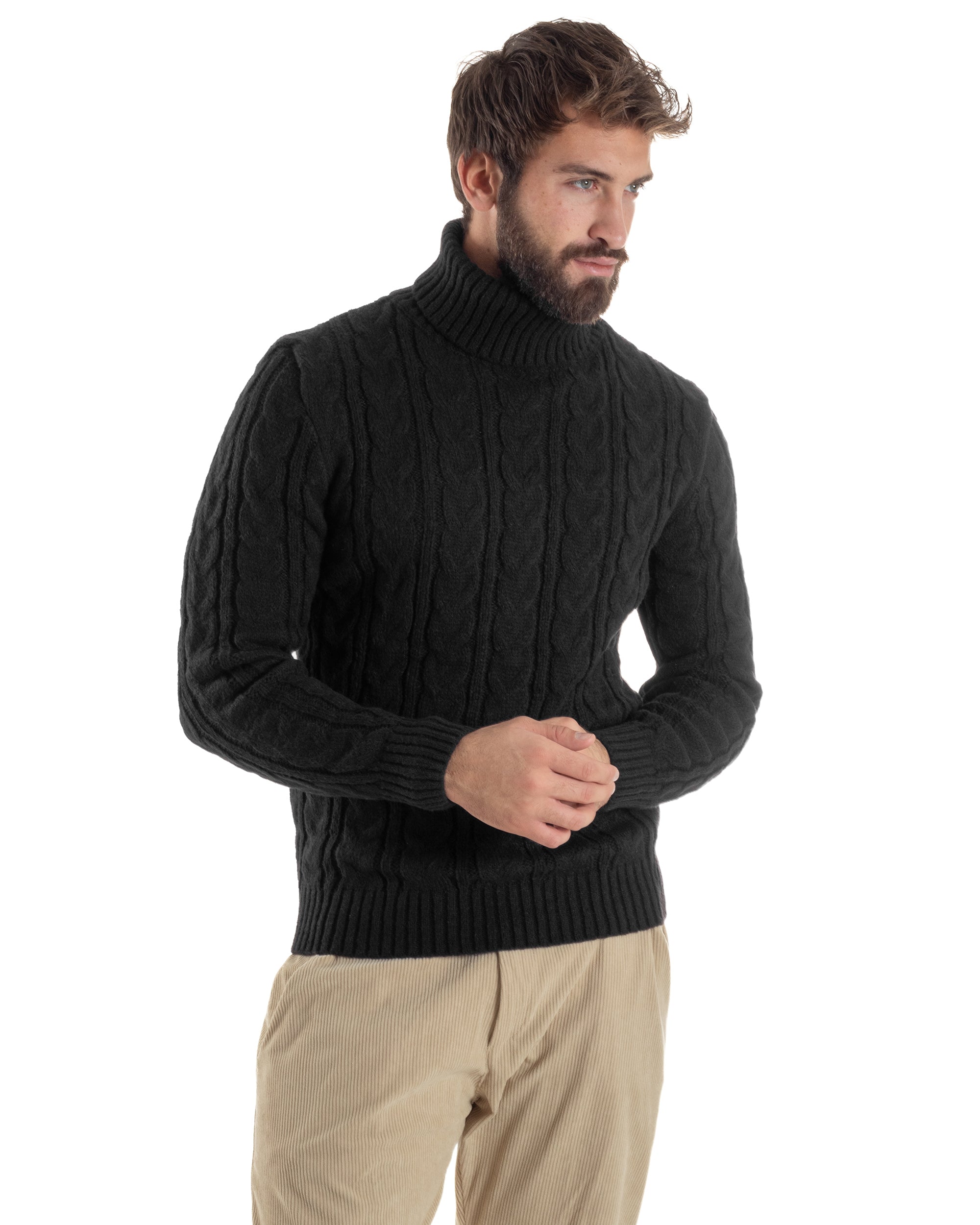 Maglione Uomo Collo Alto Con Trecce Maglia Dolcevita Intrecciata Nero M3065A