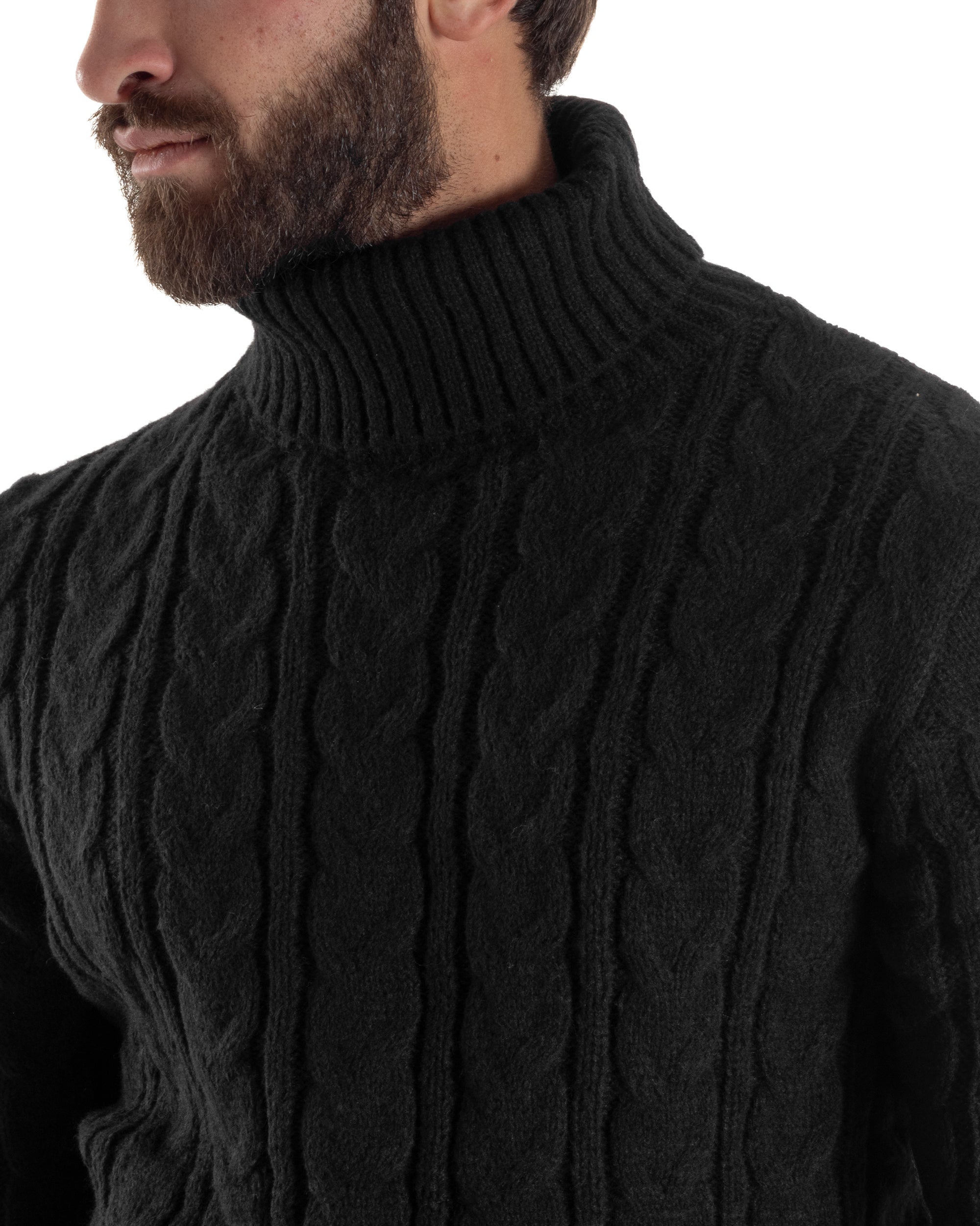 Maglione Uomo Collo Alto Con Trecce Maglia Dolcevita Intrecciata Nero M3065A