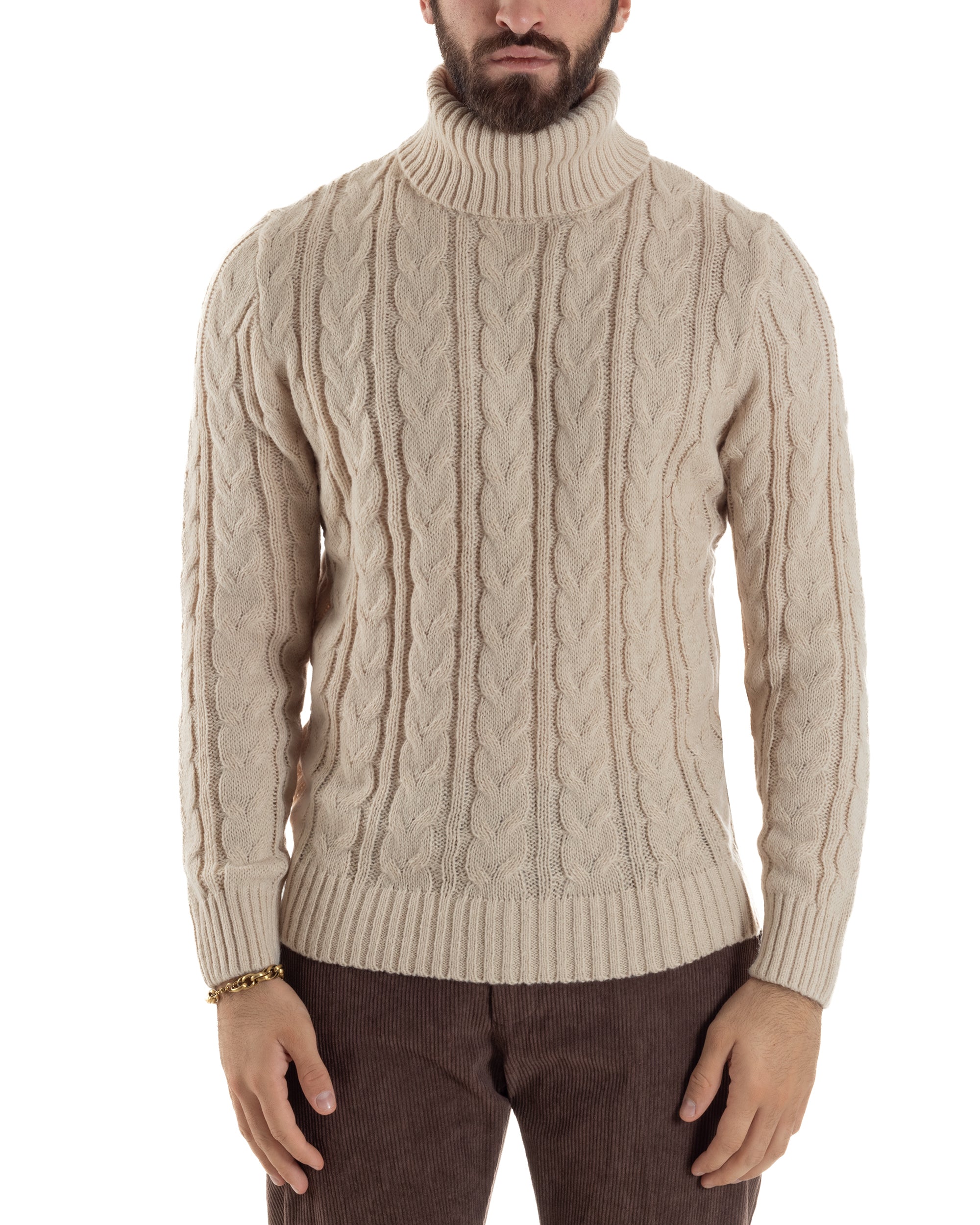 Maglione Uomo Collo Alto Con Trecce Maglia Dolcevita Intrecciata Beige M3066A