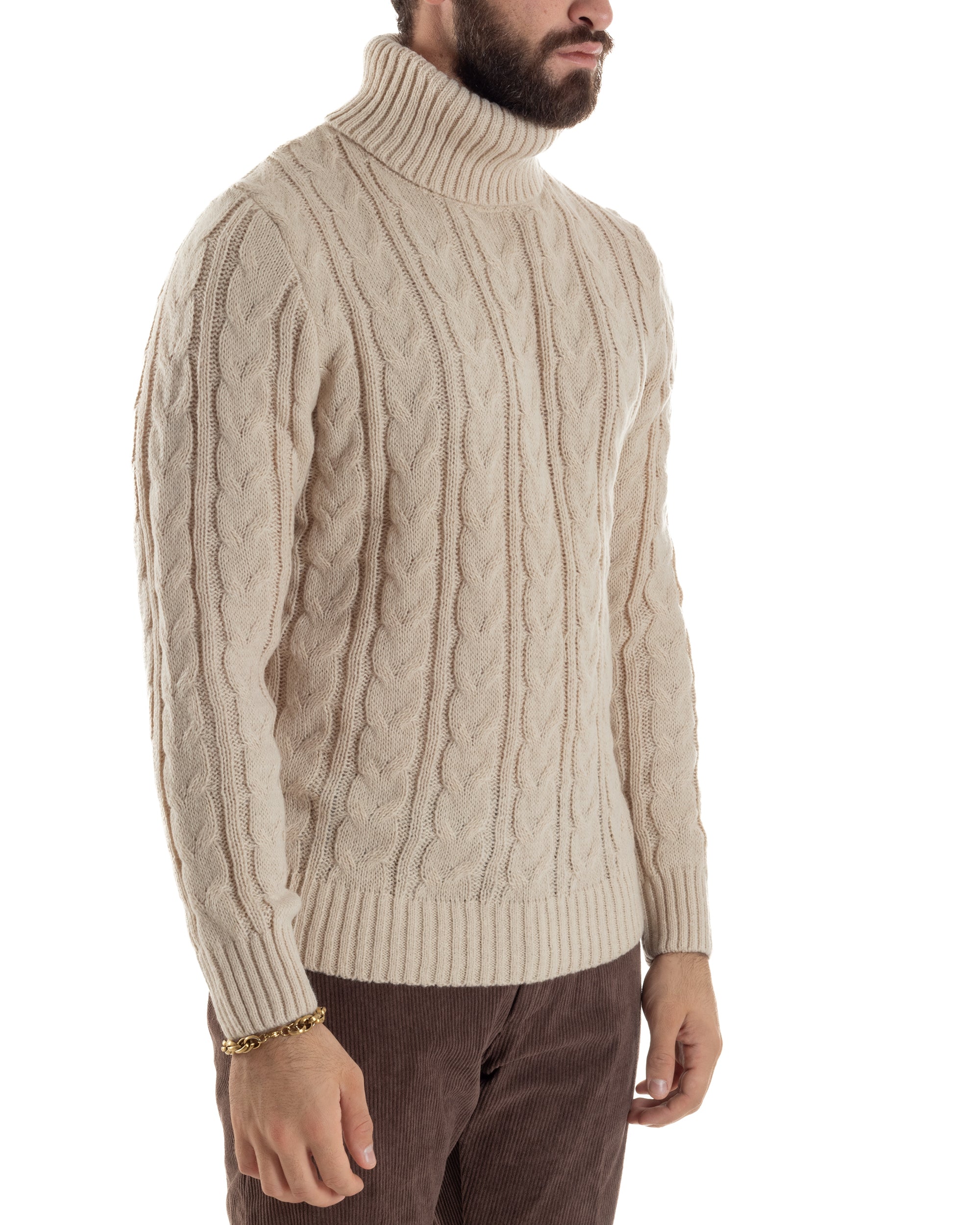 Maglione Uomo Collo Alto Con Trecce Maglia Dolcevita Intrecciata Beige M3066A