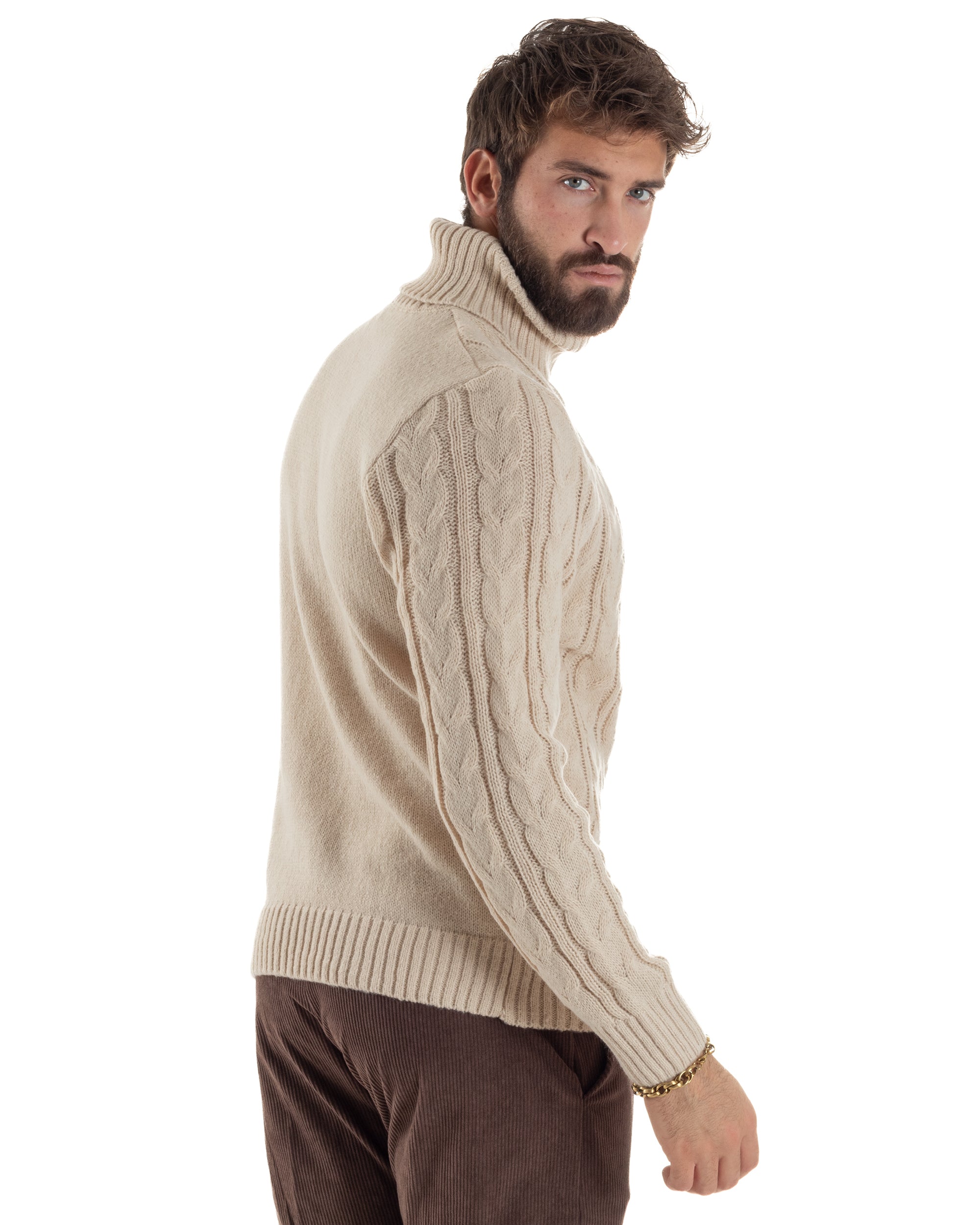 Maglione Uomo Collo Alto Con Trecce Maglia Dolcevita Intrecciata Beige M3066A