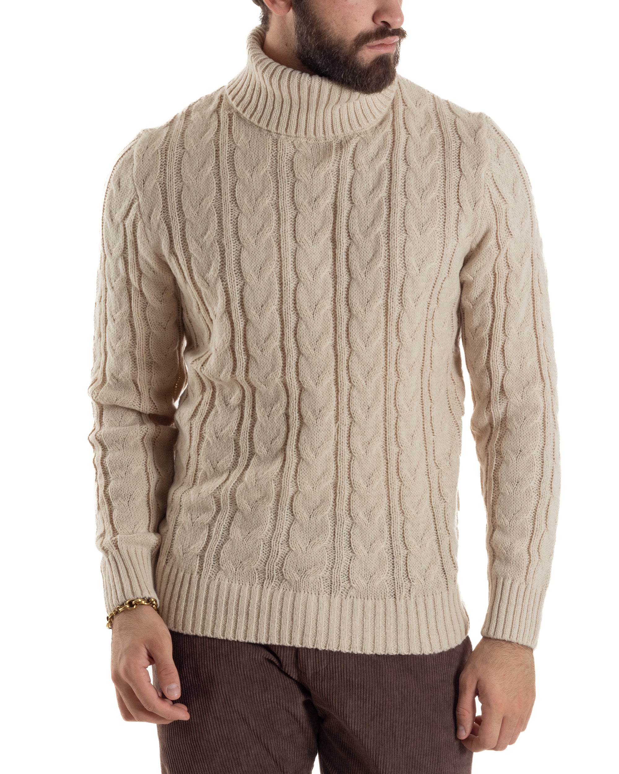Maglione Uomo Collo Alto Con Trecce Maglia Dolcevita Intrecciata Beige M3066A