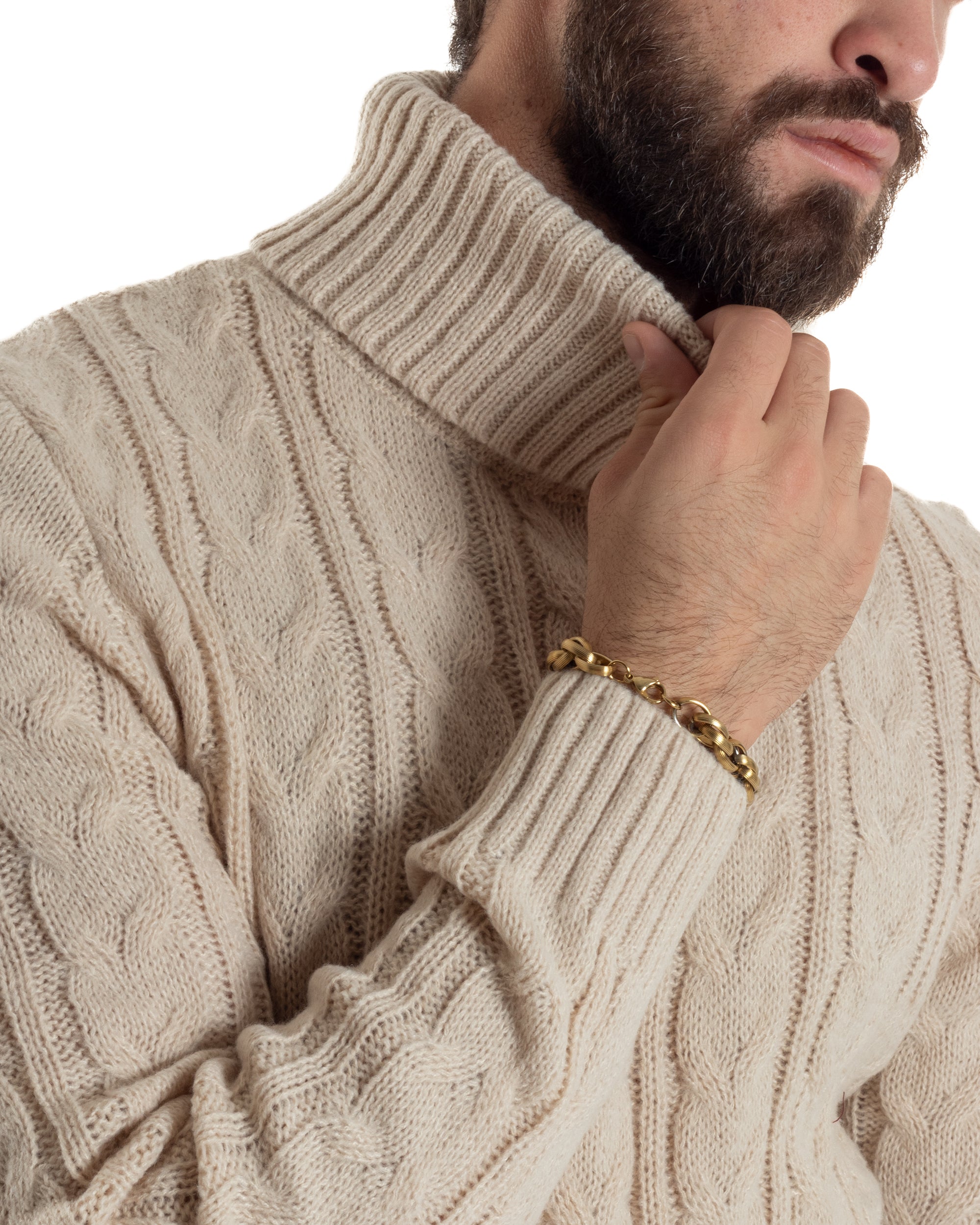 Maglione Uomo Collo Alto Con Trecce Maglia Dolcevita Intrecciata Beige M3066A