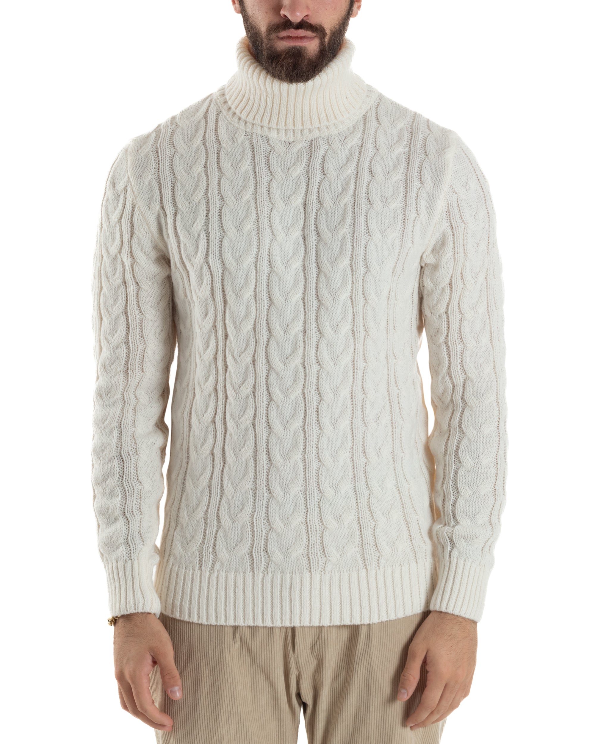 Maglione Uomo Collo Alto Con Trecce Maglia Dolcevita Intrecciata Panna M3067A