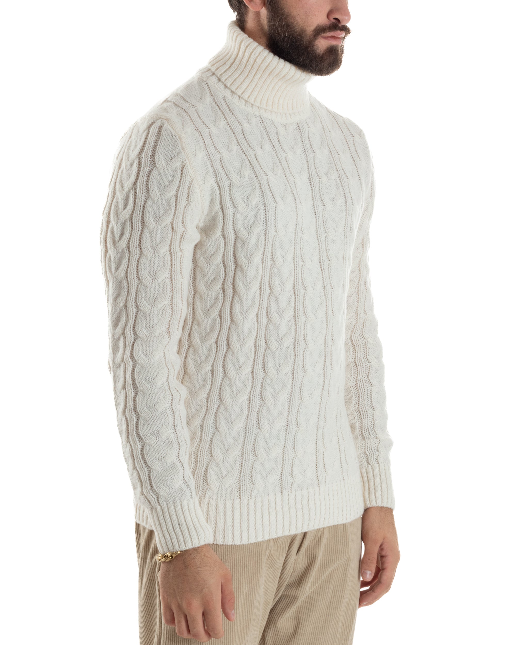 Maglione Uomo Collo Alto Con Trecce Maglia Dolcevita Intrecciata Panna M3067A