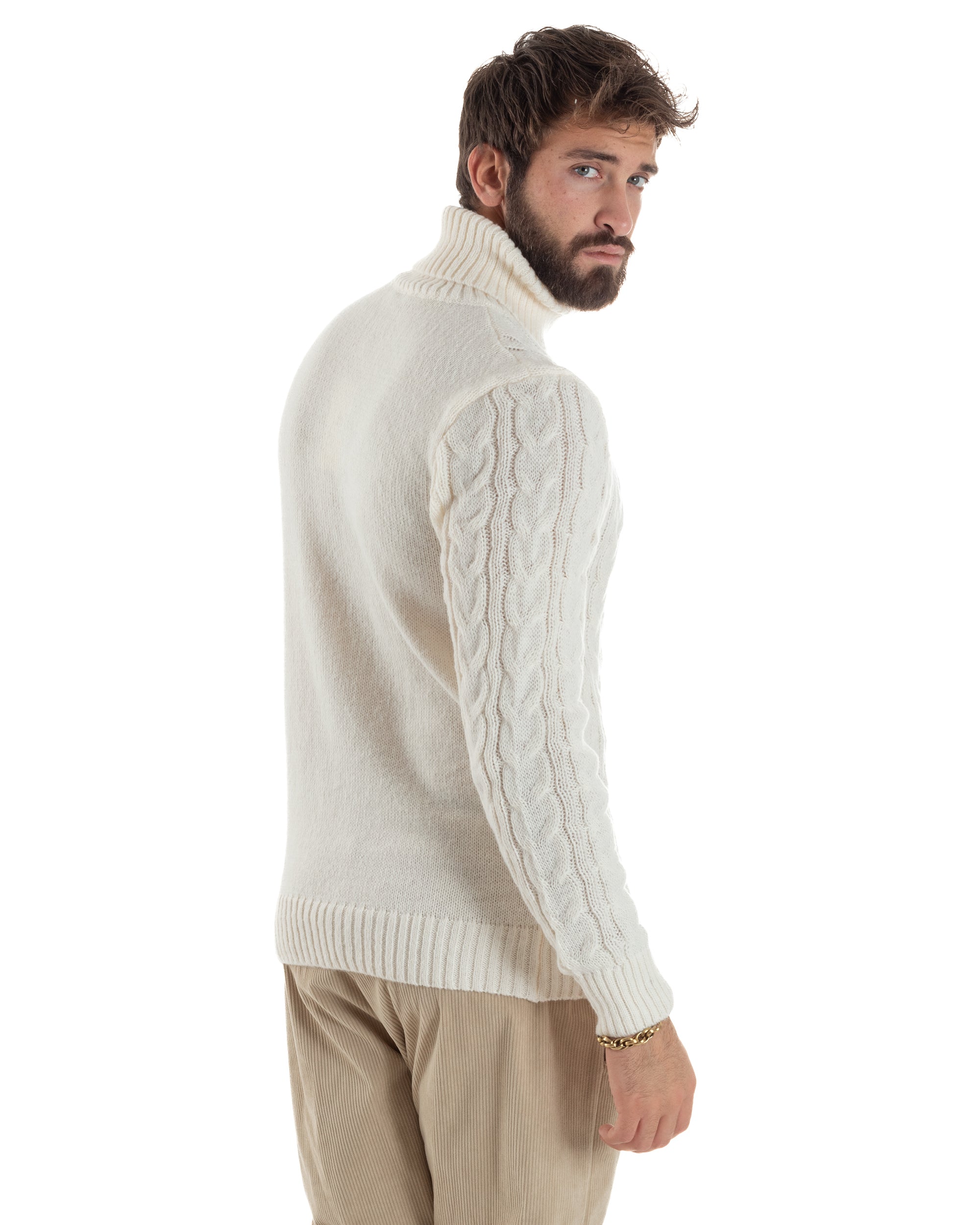 Maglione Uomo Collo Alto Con Trecce Maglia Dolcevita Intrecciata Panna M3067A