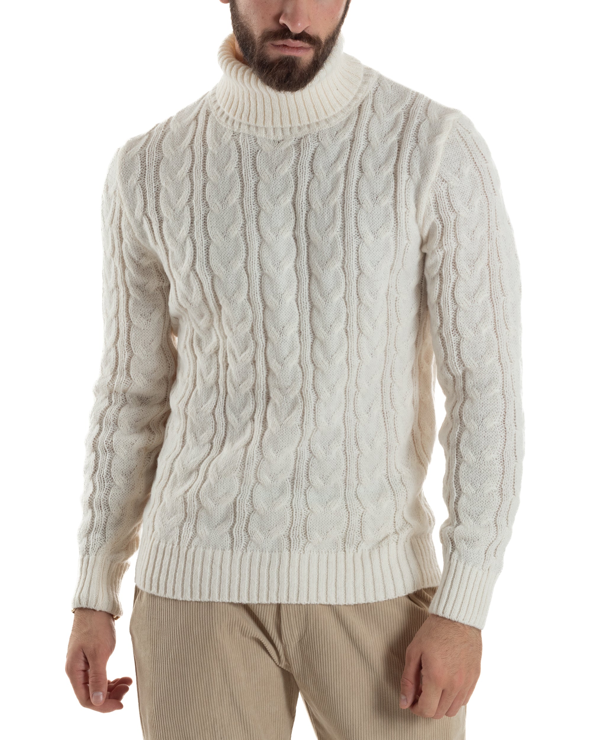 Maglione Uomo Collo Alto Con Trecce Maglia Dolcevita Intrecciata Panna M3067A