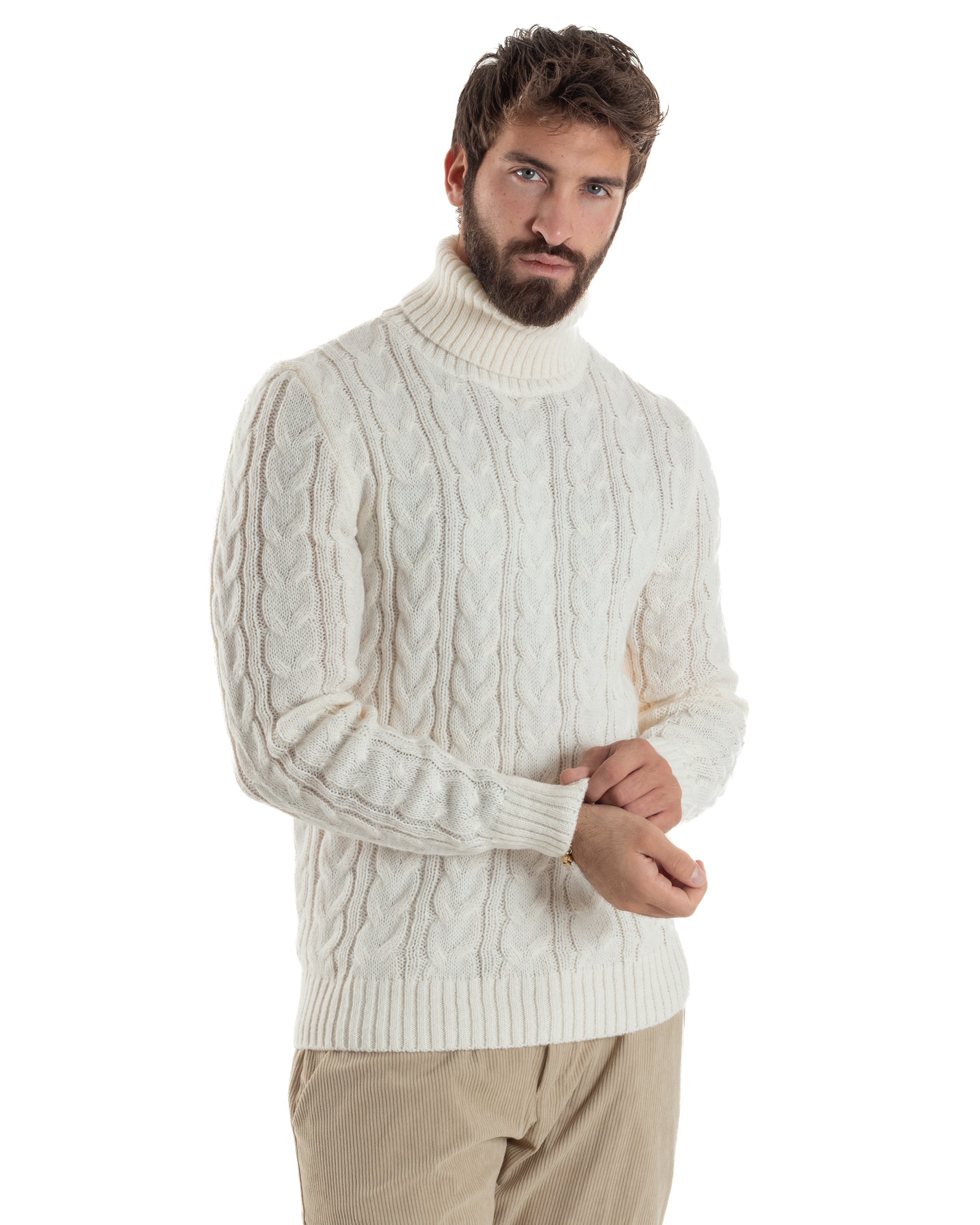 Maglione Uomo Collo Alto Con Trecce Maglia Dolcevita Intrecciata Panna M3067A