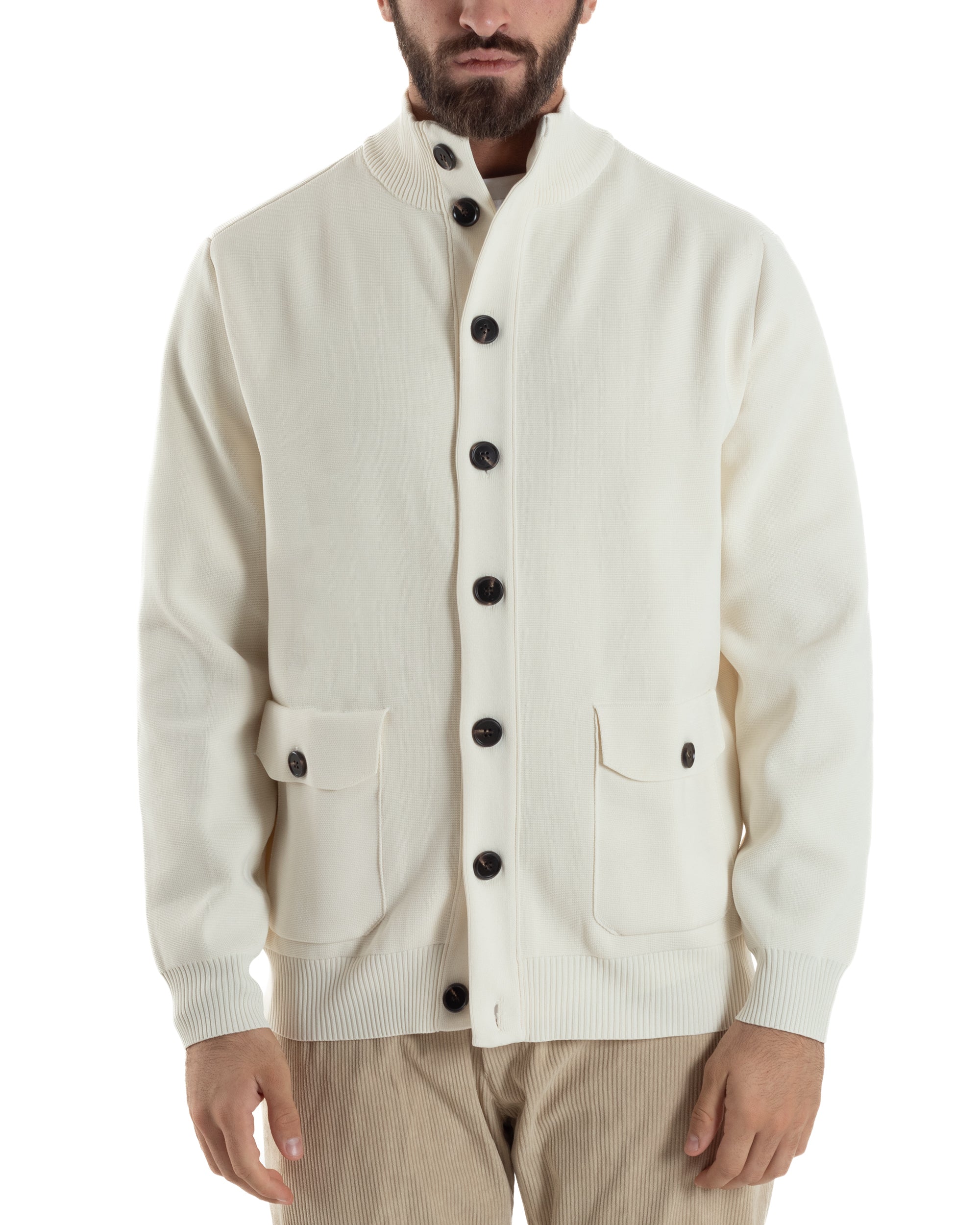 Cardigan Uomo Maglia Con Collo Bottoni Giacca Panna Over-D OE1F2W5M91