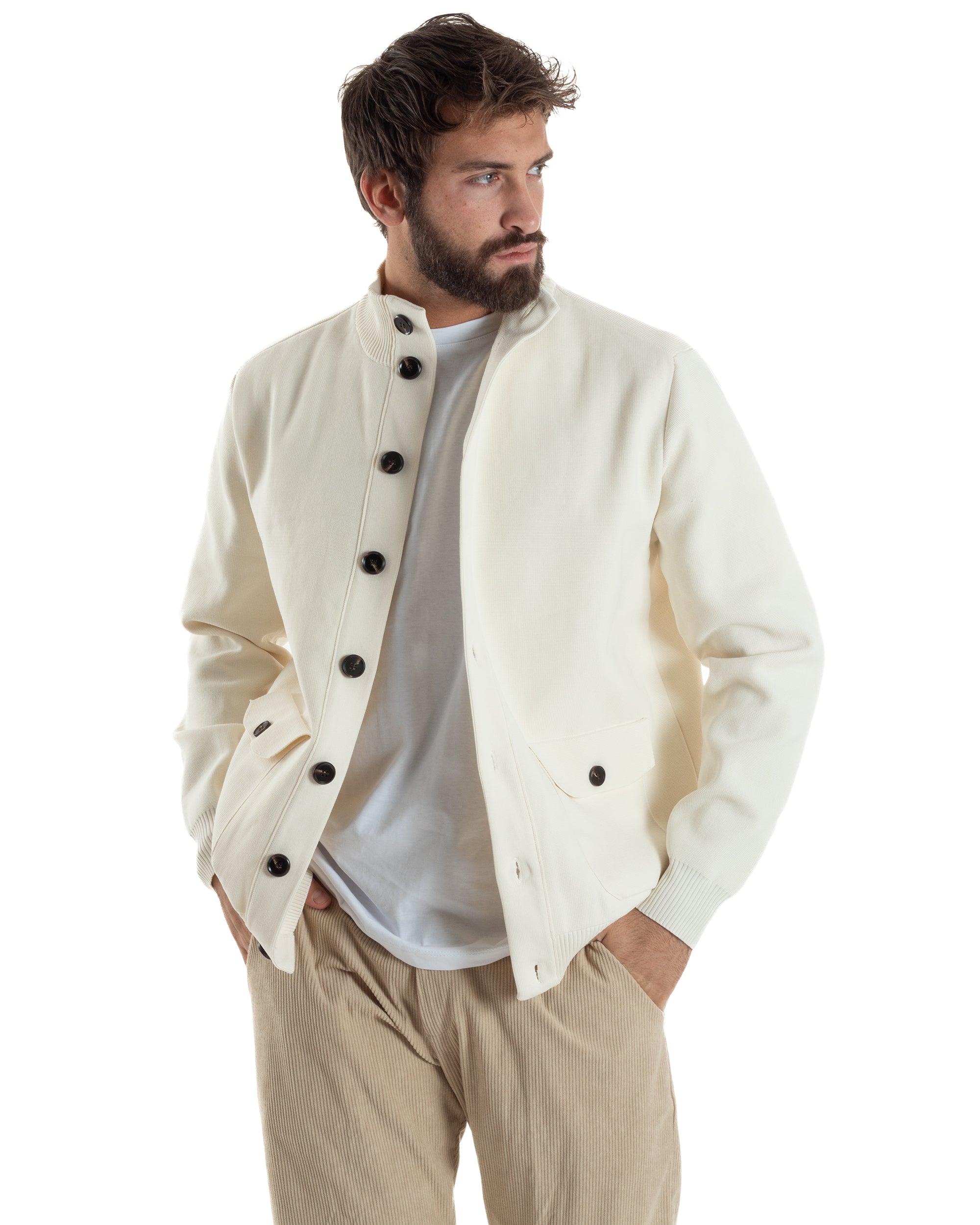 Cardigan Uomo Maglia Con Collo Bottoni Giacca Panna Over-D OE1F2W5M91