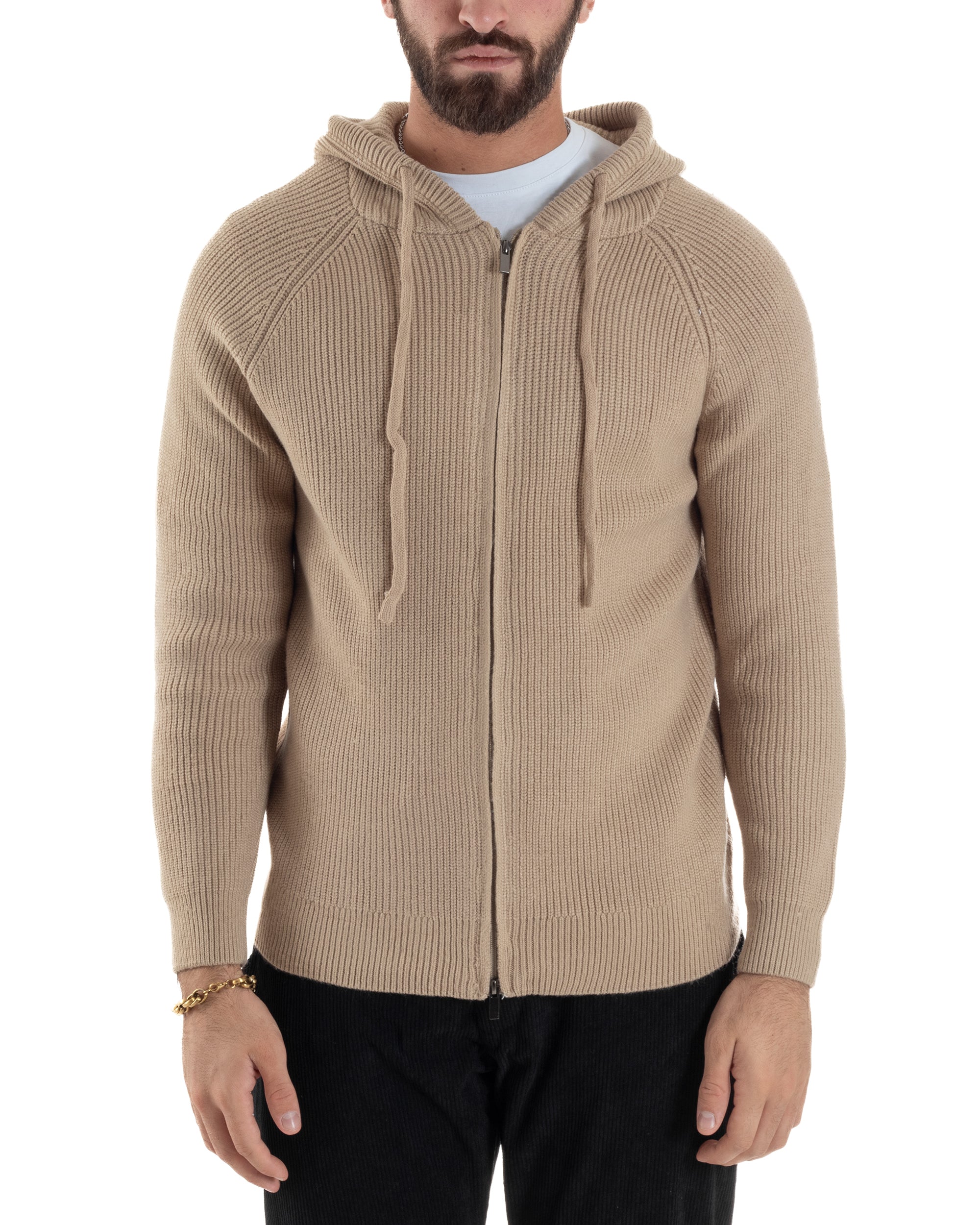 Cardigan Uomo Giacca Maniche Raglan Maglia Con Cappuccio Zip Beige M3071A