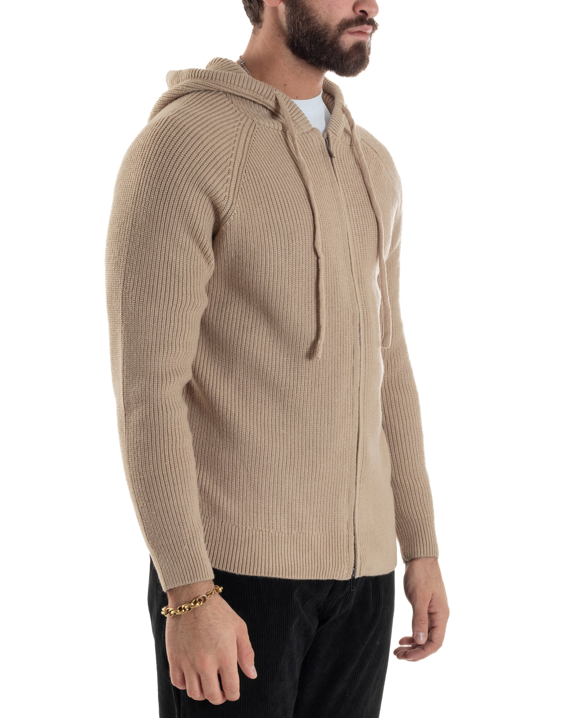 Cardigan Uomo Giacca Maniche Raglan Maglia Con Cappuccio Zip Beige M3071A