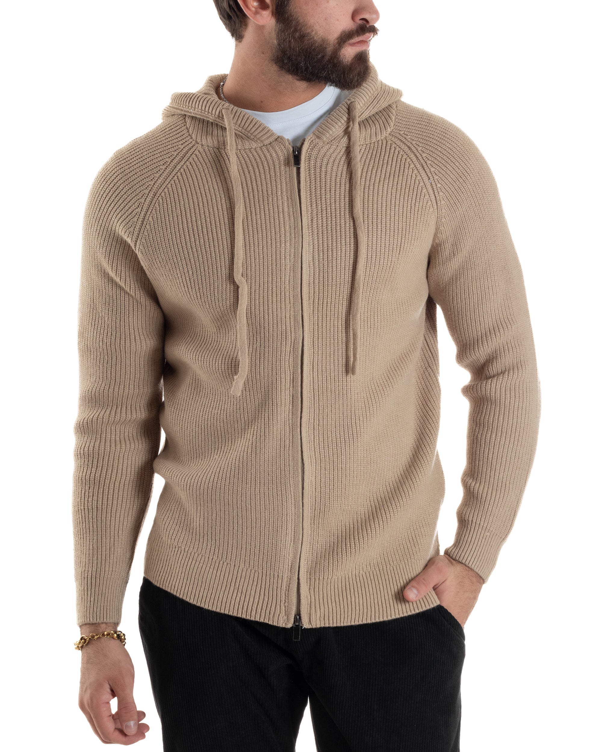 Cardigan Uomo Giacca Maniche Raglan Maglia Con Cappuccio Zip Beige M3071A