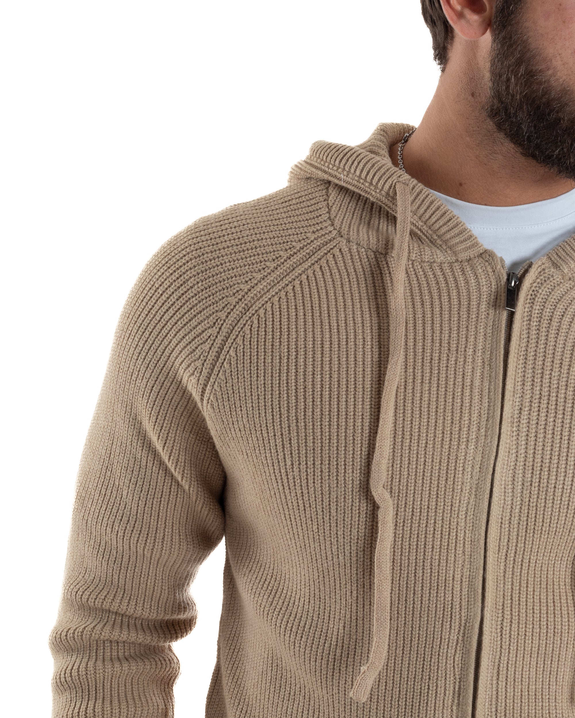 Cardigan Uomo Giacca Maniche Raglan Maglia Con Cappuccio Zip Beige M3071A