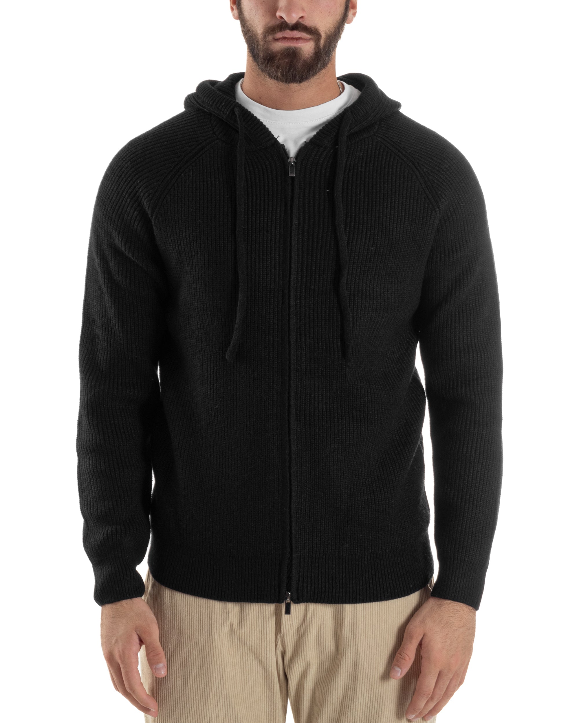 Cardigan Uomo Giacca Maniche Raglan Maglia Con Cappuccio Zip Nero M3072A
