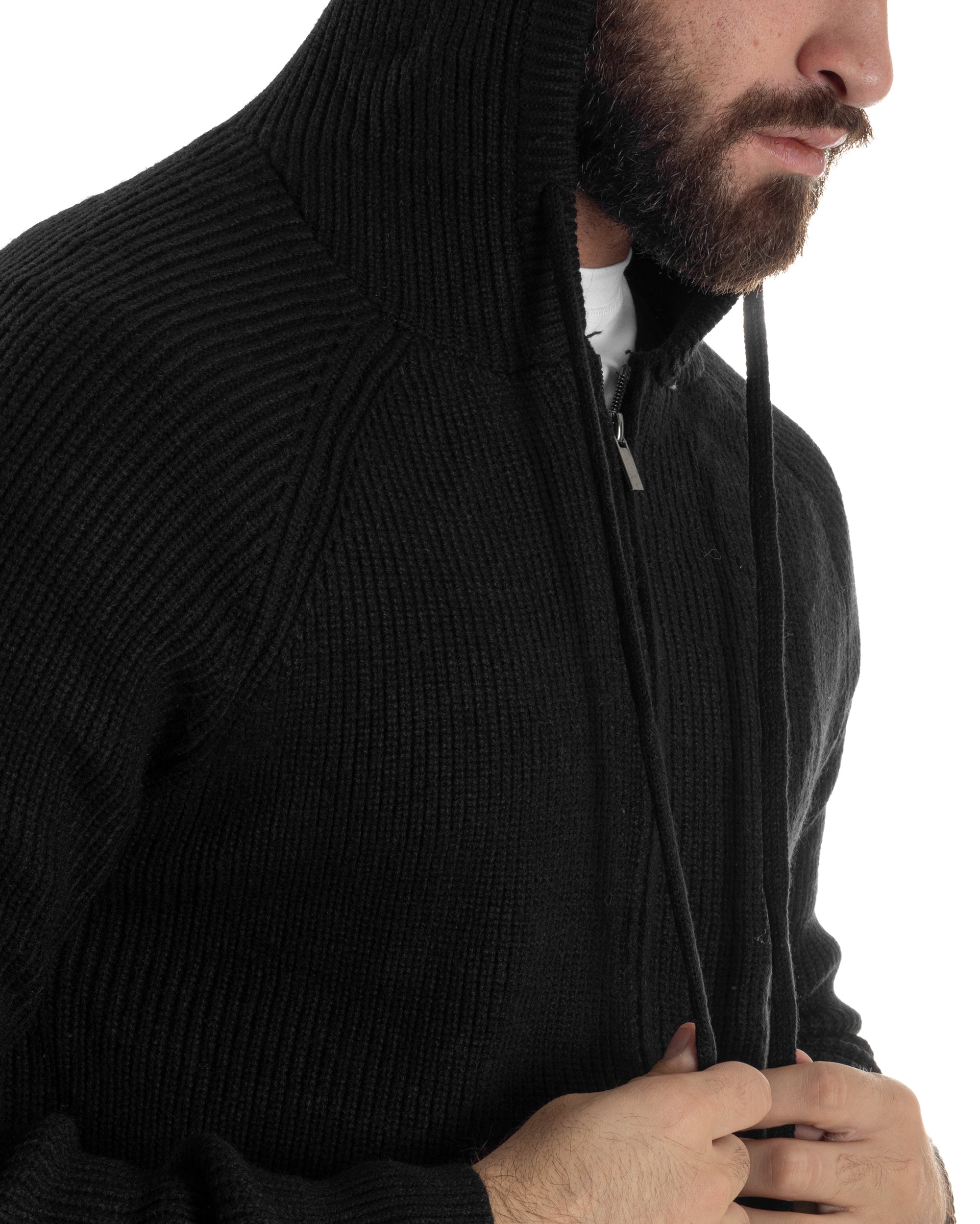Cardigan Uomo Giacca Maniche Raglan Maglia Con Cappuccio Zip Nero M3072A